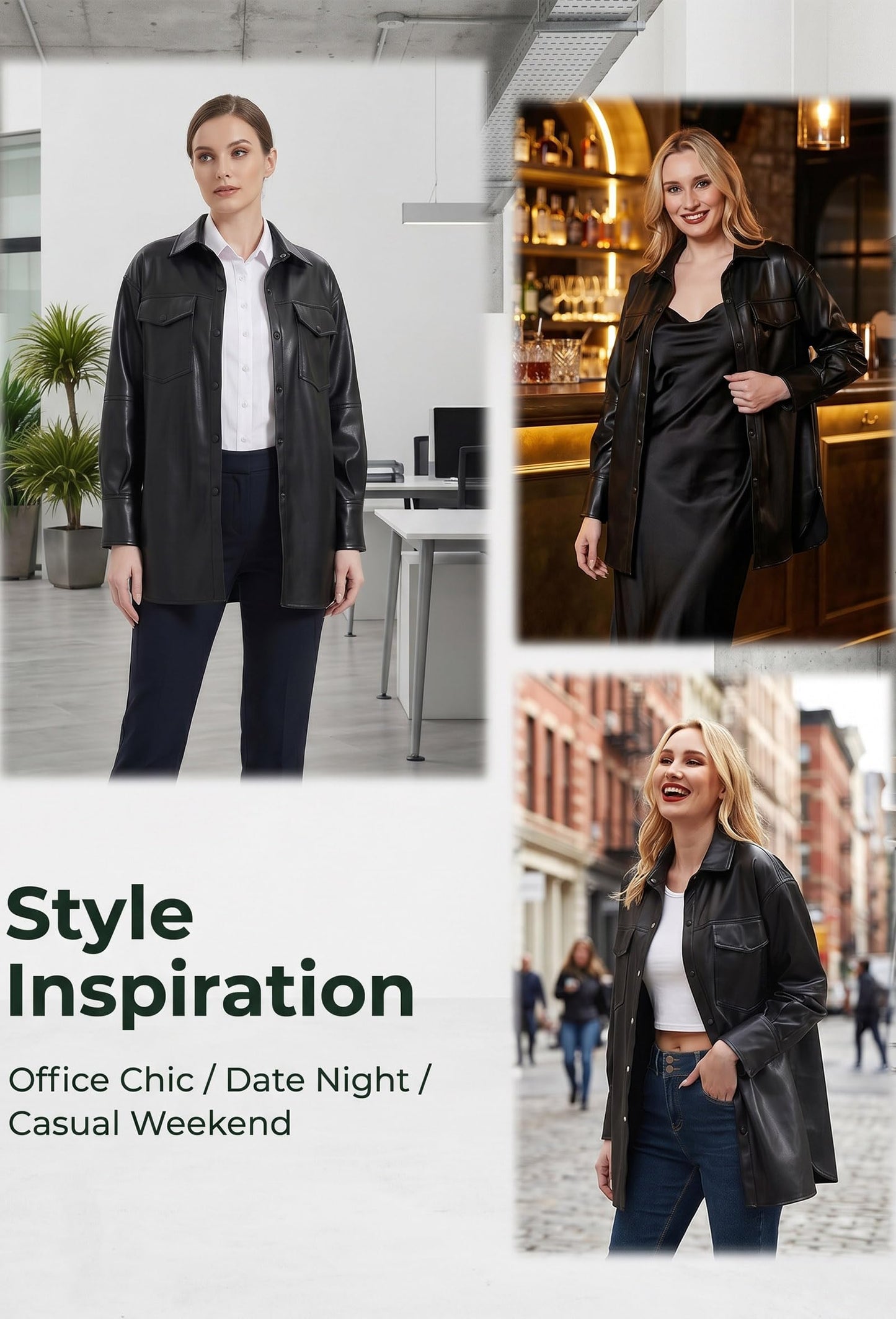 RISISSIDA Women Faux Leather Shacket Jacket,Pleather Shirts,Black,XL