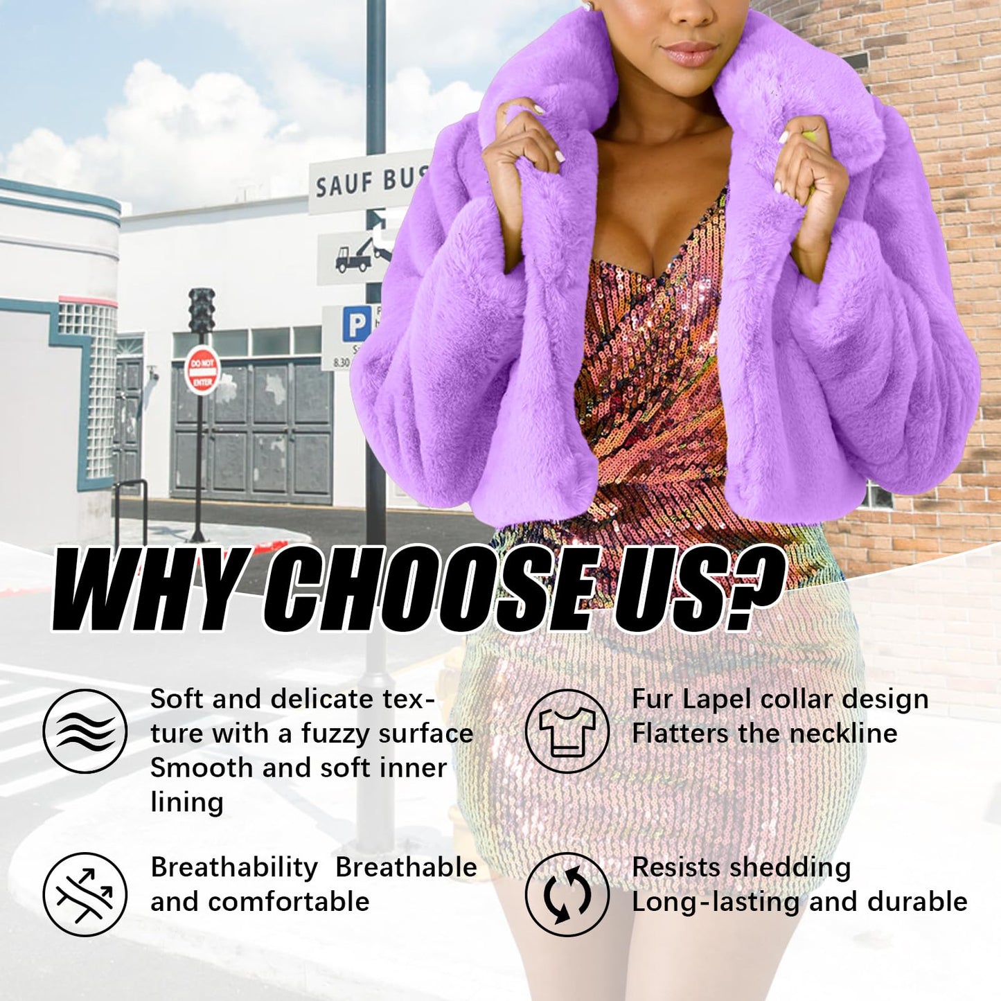 RAMOUG Ladies Sexy Bubble Fur Coat Women Winter Birthday Party Crop Shearling Jacket L Purple