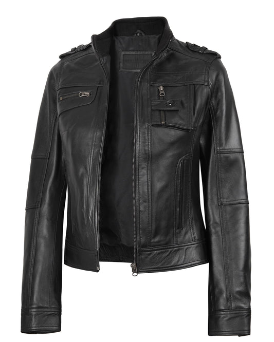 Blingsoul Cafe Racer Womens Black Leather Jacket | [1314244] Tavares Black, L