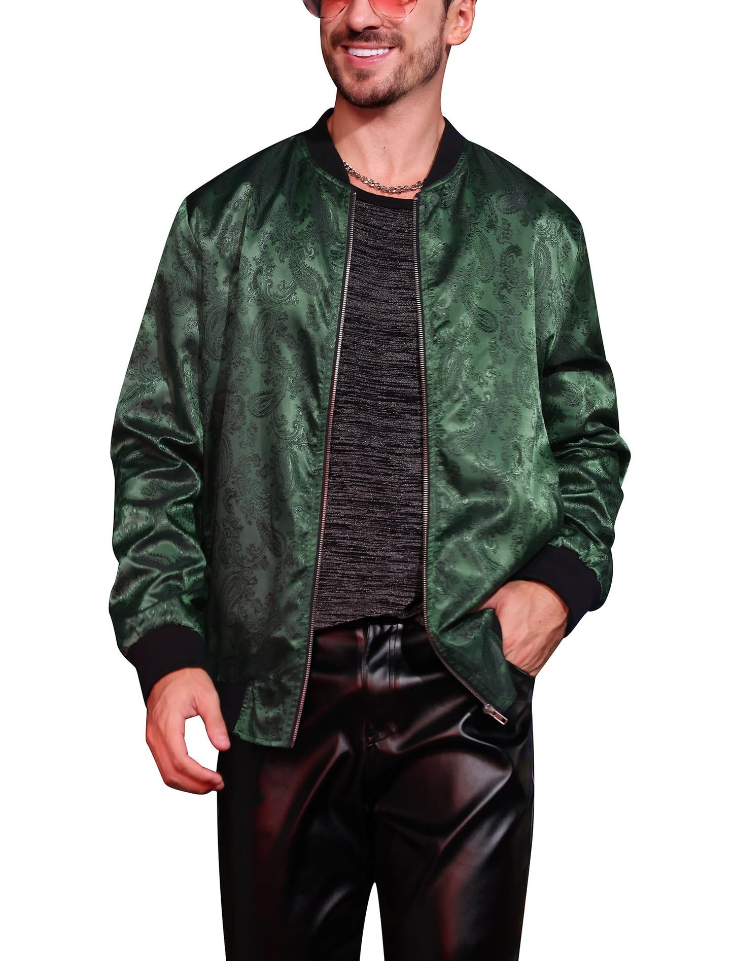OLEMEK Men's Bomber Jacket Long Sleeve Zipper Paisley Floral Jacket Lightweight Casual Windbreaker Night Party Nightclub Jackets Dark Green XL