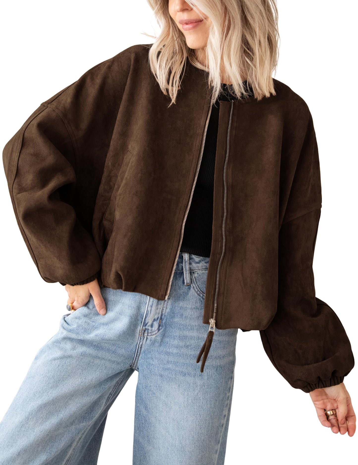 Tanming Womens Faux Suede Leather Jacket Casual Oversized Long Sleeve Zip Up Bomber Jackets Coats Outerwear(Coffee-M)