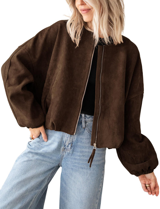 Tanming Womens Faux Suede Leather Jacket Casual Oversized Long Sleeve Zip Up Bomber Jackets Coats Outerwear(Coffee-M)