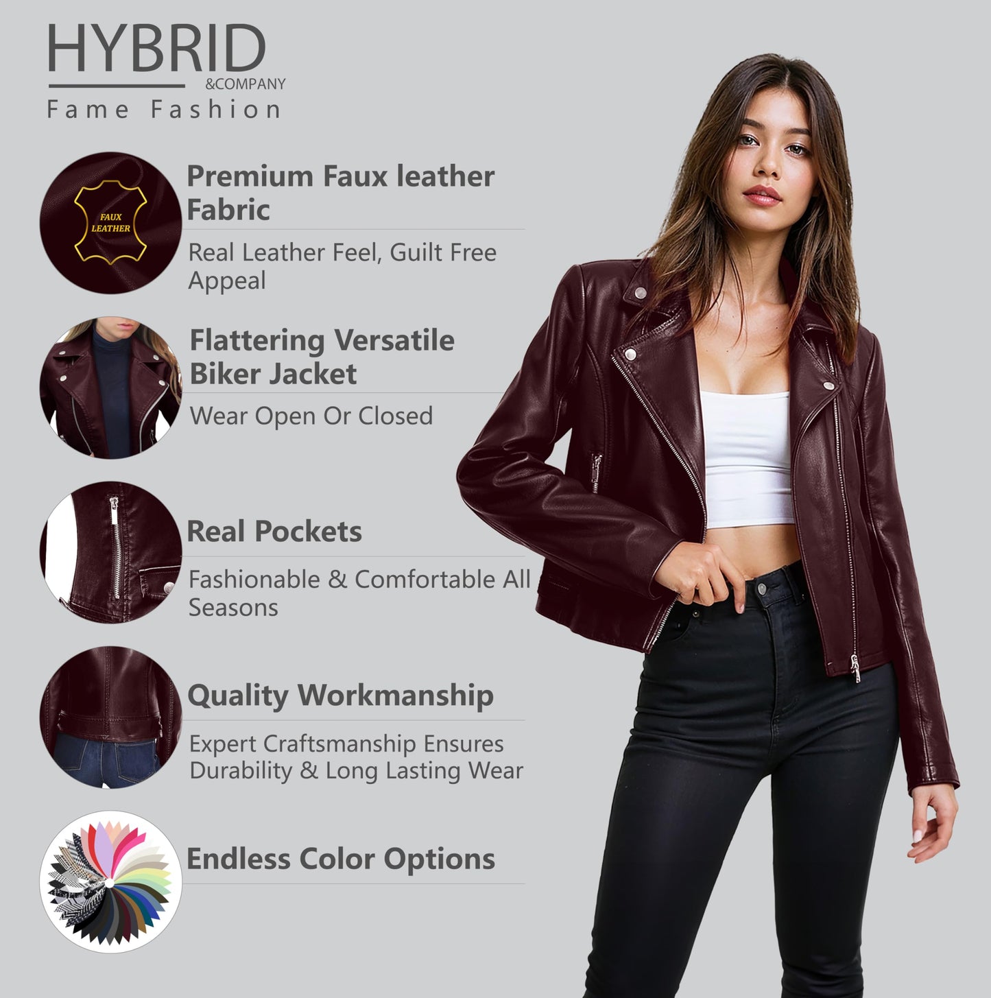 Olivia Miller Women's Faux Leather Moto Biker Jacket Long Sleeve Zip Jacket JK5208 BURGUNDY S