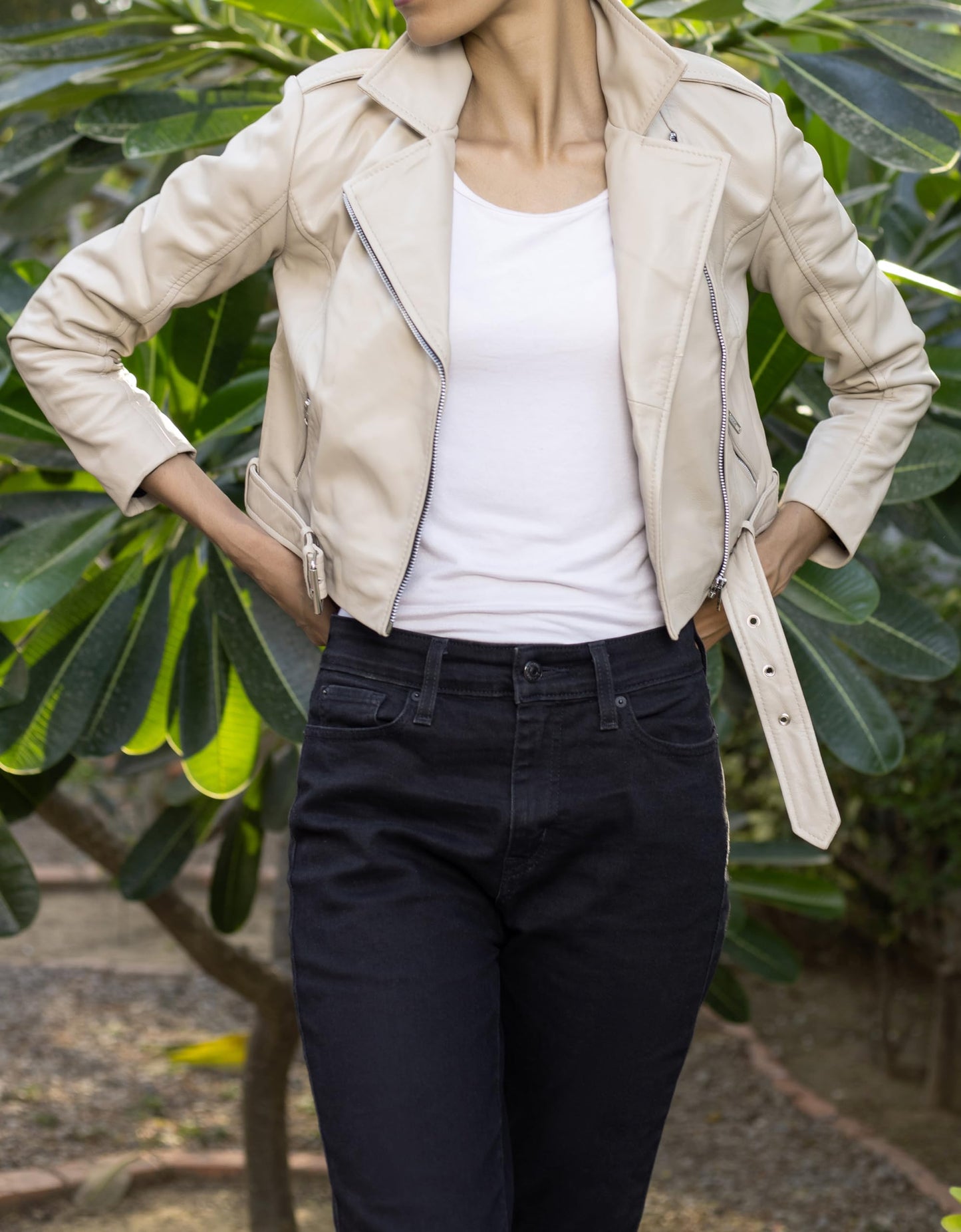 Jild Cropped Leather Jacket Women Lapel Asymmetric Zip Up Moto Biker Short Coat with Belt (CW-A.White-XXL)