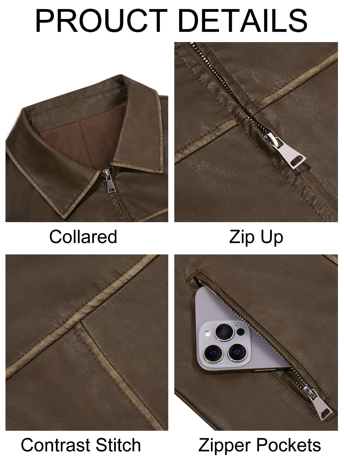 Yousify Womens Faux Leather Jacket Casual Zip Up Motorcycle Long Sleeve Collared Spring Cropped Coats with Pockets