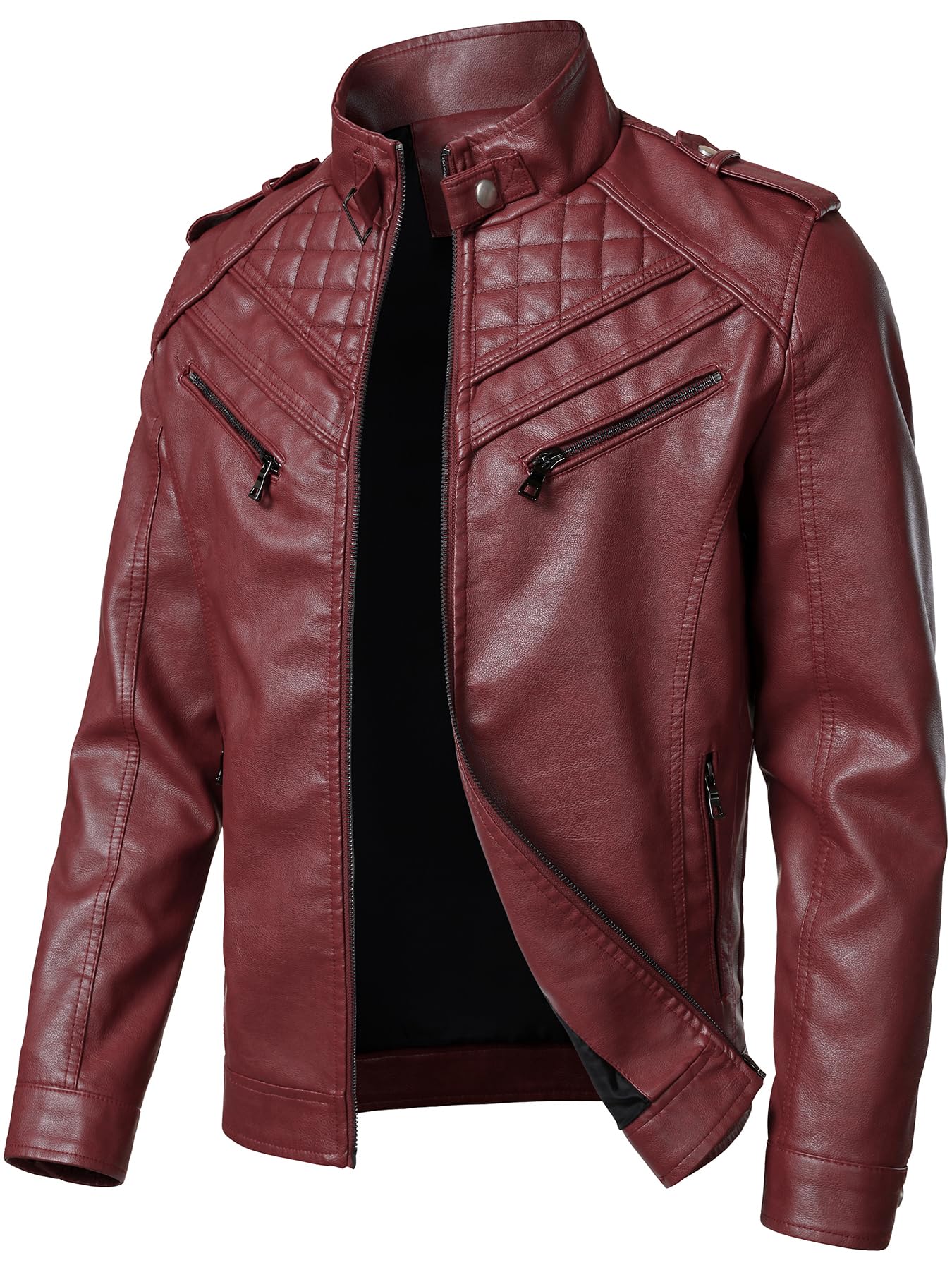 HOOD CREW Men’s Faux Leather Jackets Vintage Biker Motorcycle Jacket for Men Red M