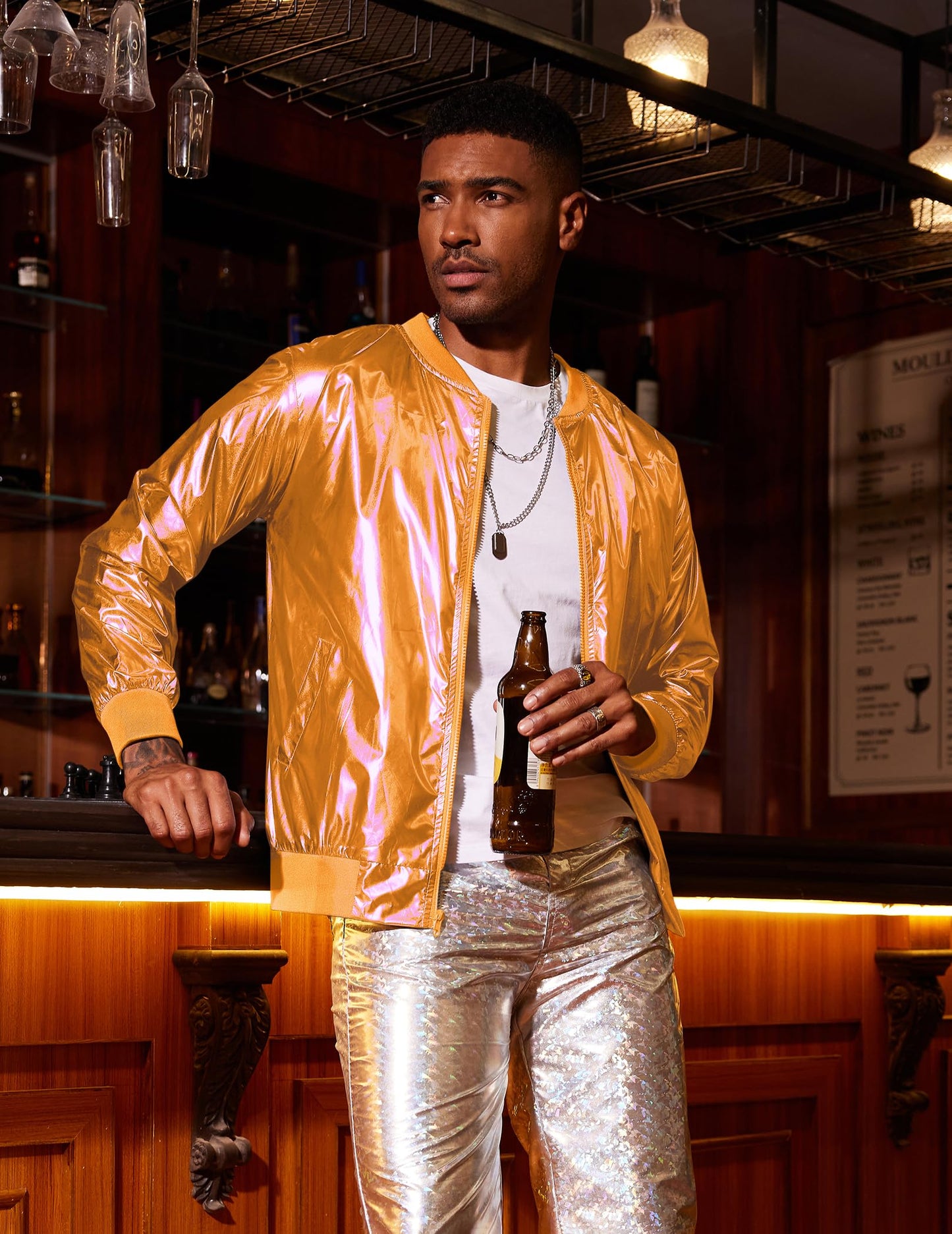 COOFANDY Men's Metallic Jacket 70s Disco Dance Party Costume Shiny Varsity Zipper Baseball Bomber Jacket,Orange,L
