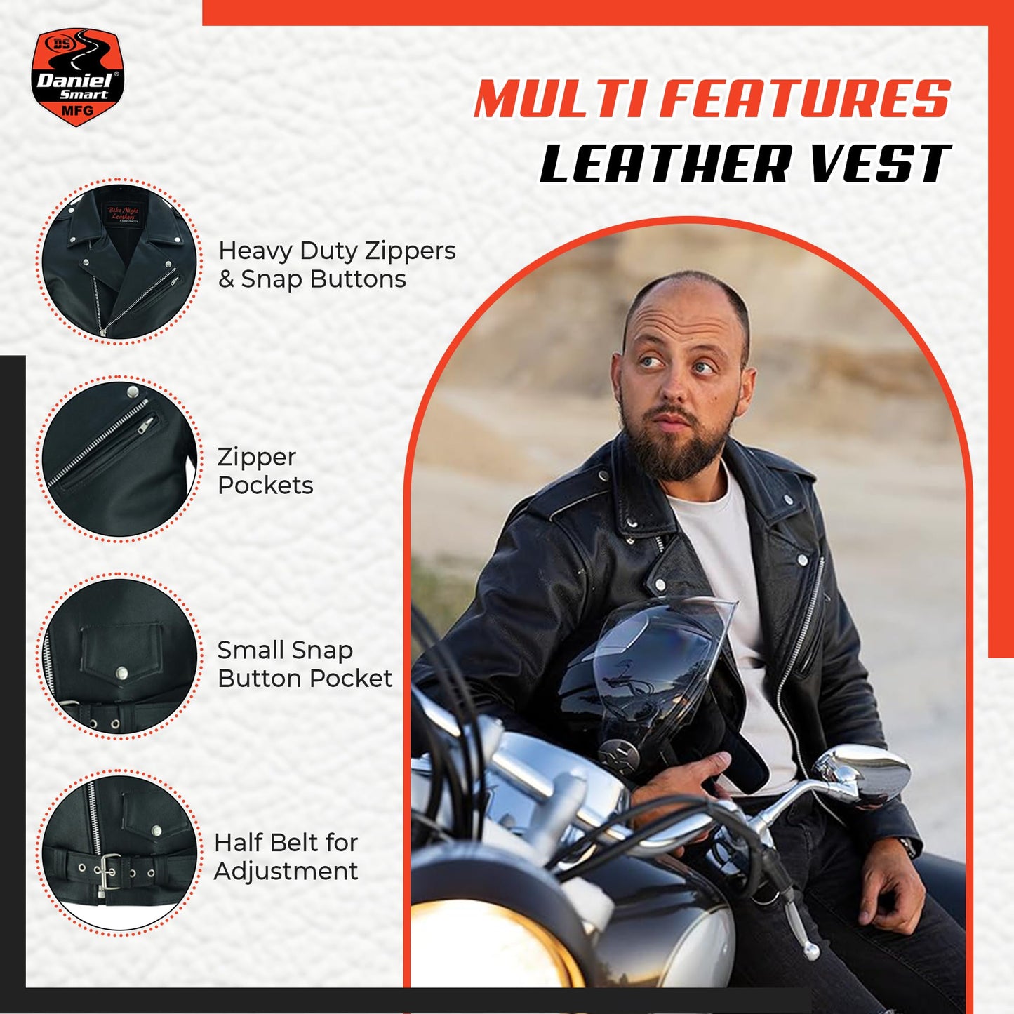 Daniel Smart Men Motorcycle Leather Jacket Black Economy Biker Leather Jacket with inside Pockets & Heavy Duty Zippers