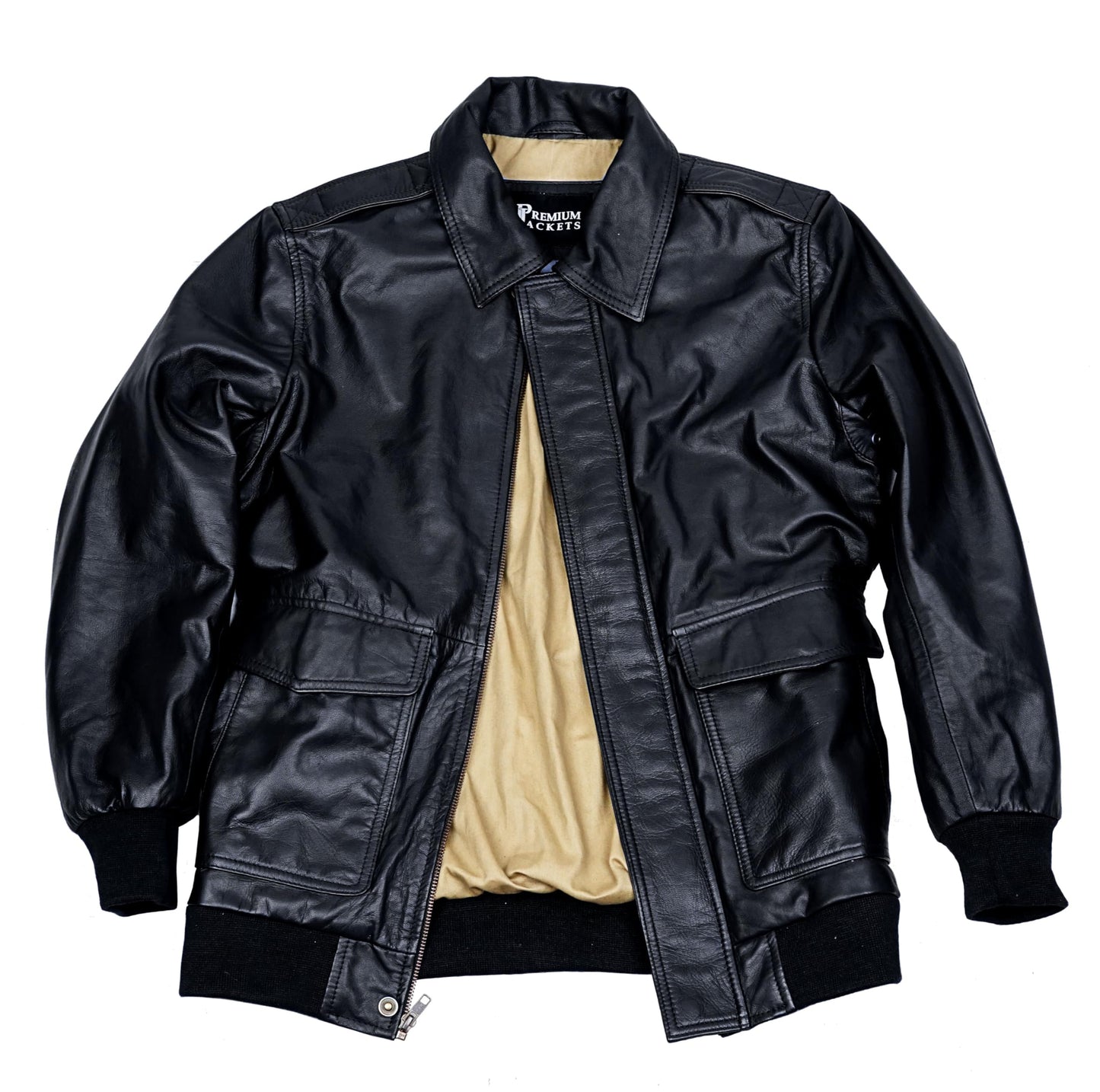 Crafter Men's Classic A2 Aviator WWII Flying Tiger Leather Jacket - Pilot Bomber Leather Jacket With Shirt Collar For Men (US, Alpha, Large, Regular, Regular, Black)