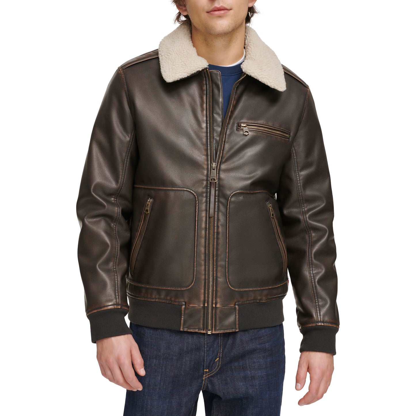 Levi's Men's Faux Leather Aviator Bomber Jacket with Sherpa Collar, Dark Brown Vintage Deer, X-Large