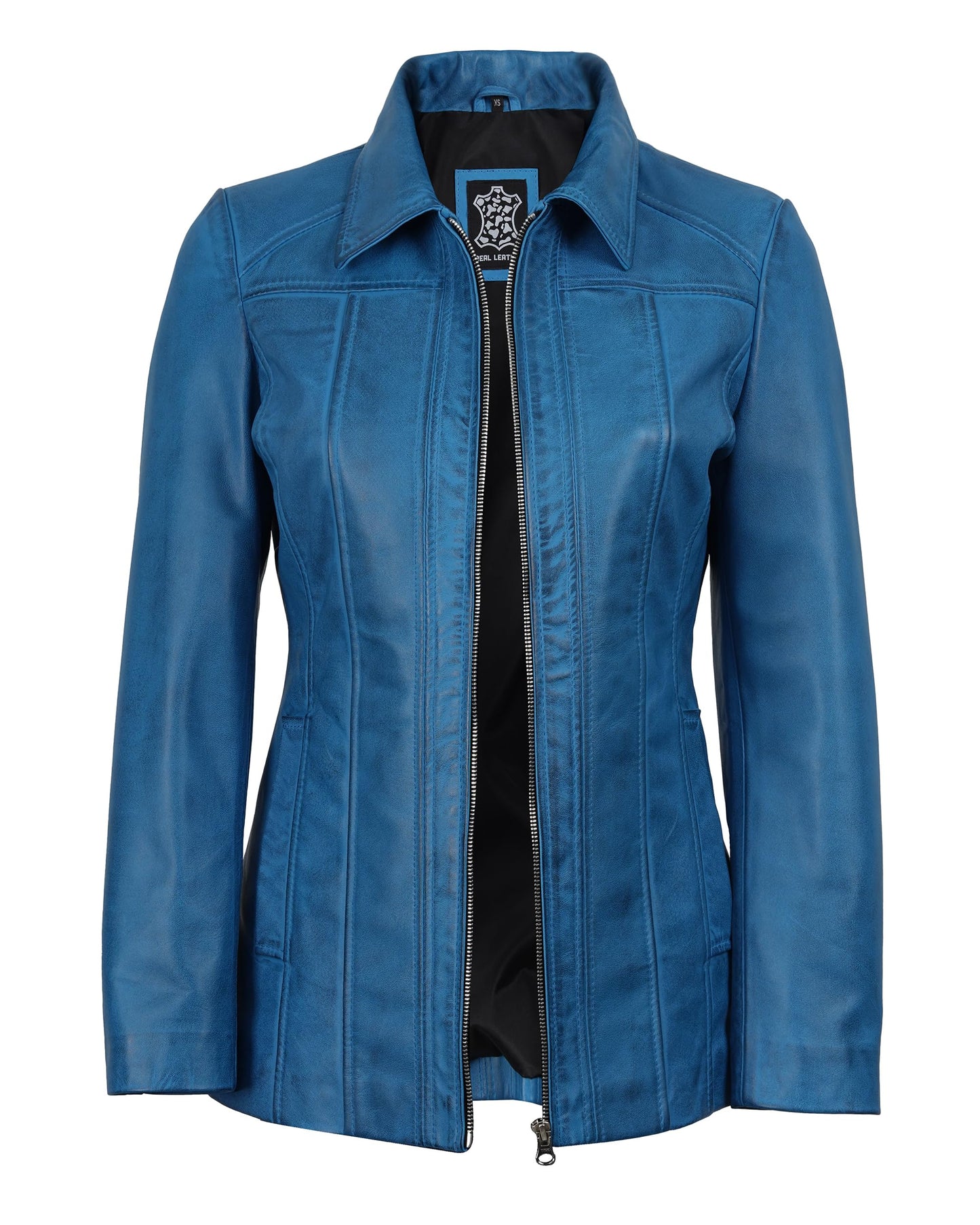 Decrum Womens Leather Jacket - Casual Leather Car Coat Women | [1332076] Marsha Blue Wax, XXL