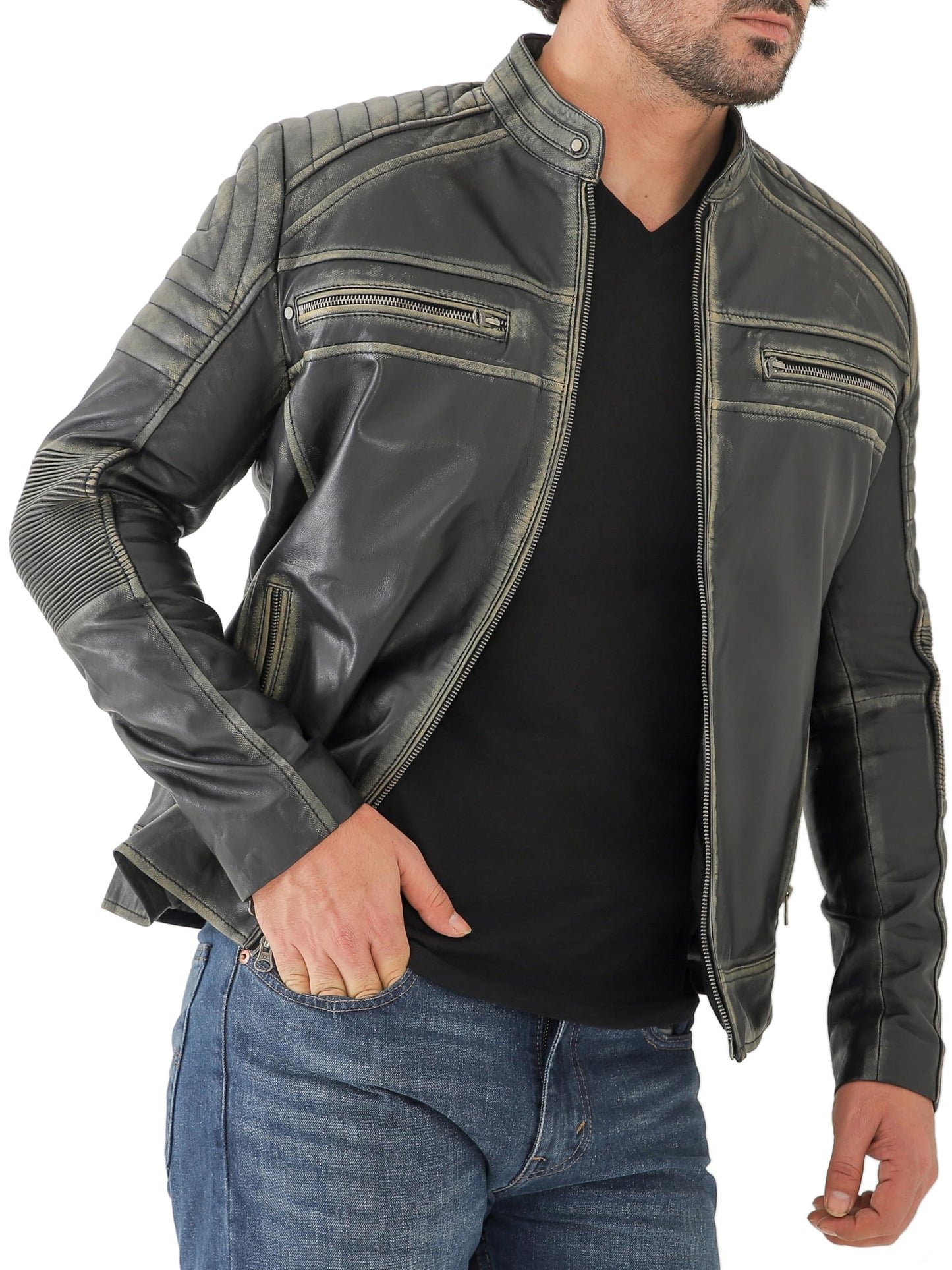 Jild Vintage Cafe Racer Leather Jacket Men - Hand Waxed Real Lambskin Leather Motorcycle Jacket (CRM-Blk.Rub-M)