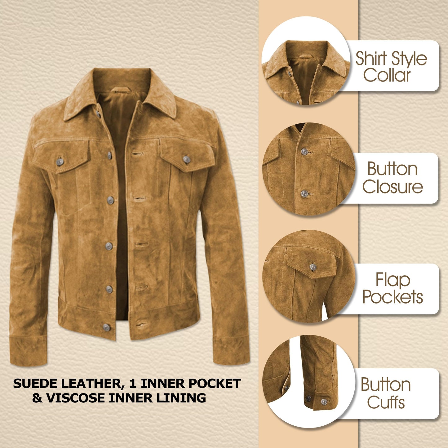 LP-FACON Mens Trucker Brown Suede Western Style Cowboy Leather Jacket XL