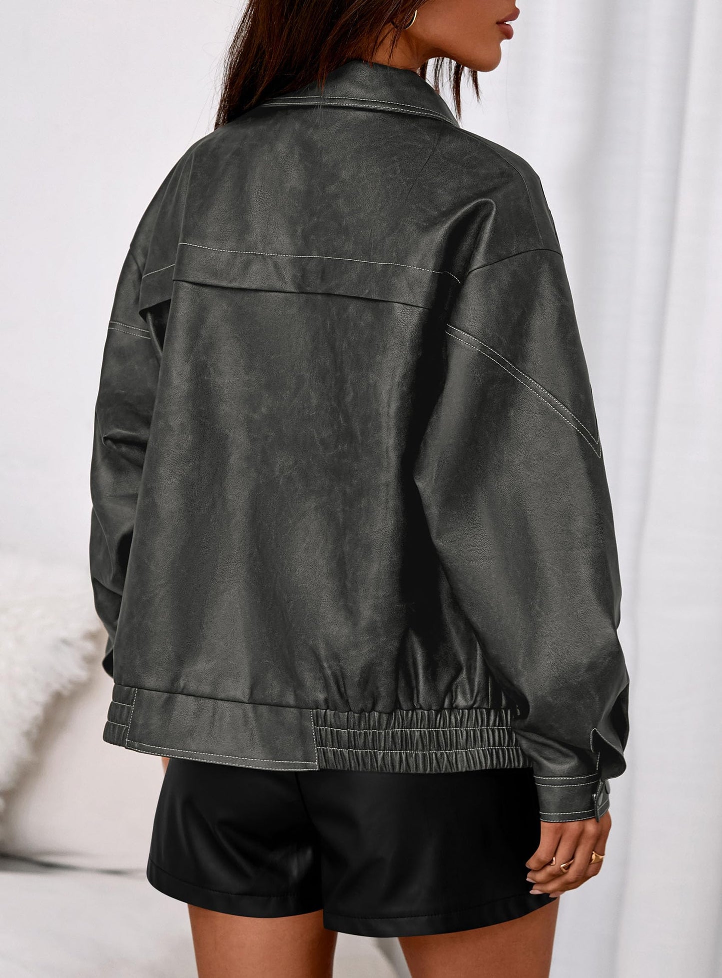 PRETTYGARDEN Faux Leather Jacket Women Bomber Motorcycle Zip Up Jackets Oversized Fall Fashion Outfits 2026 Winter Coats (Grey,Small)