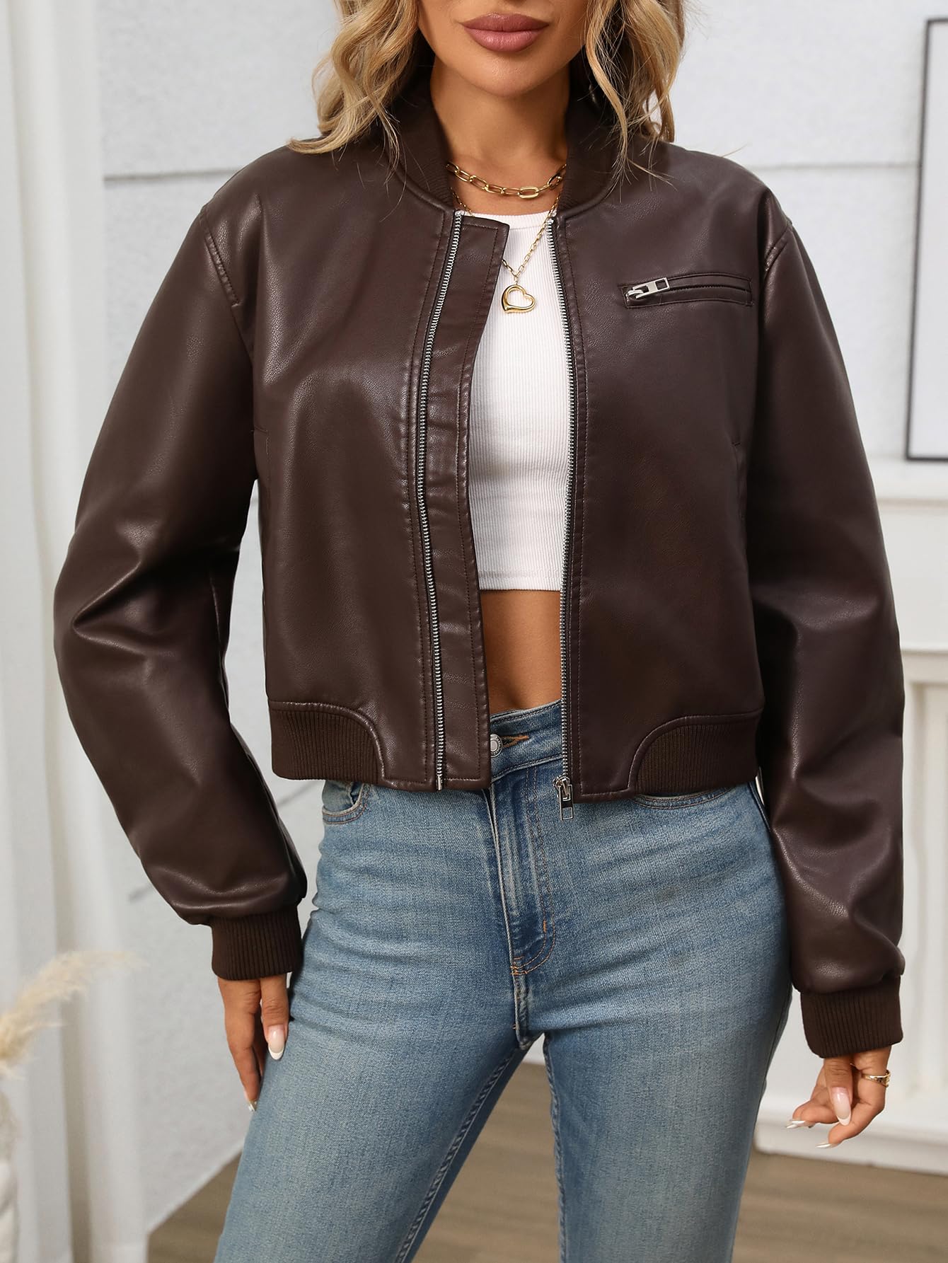 LY VAREY LIN Womens Faux Leather Varsity Jacket Biker Baseball Streetwear Casual Coat(Black,S)