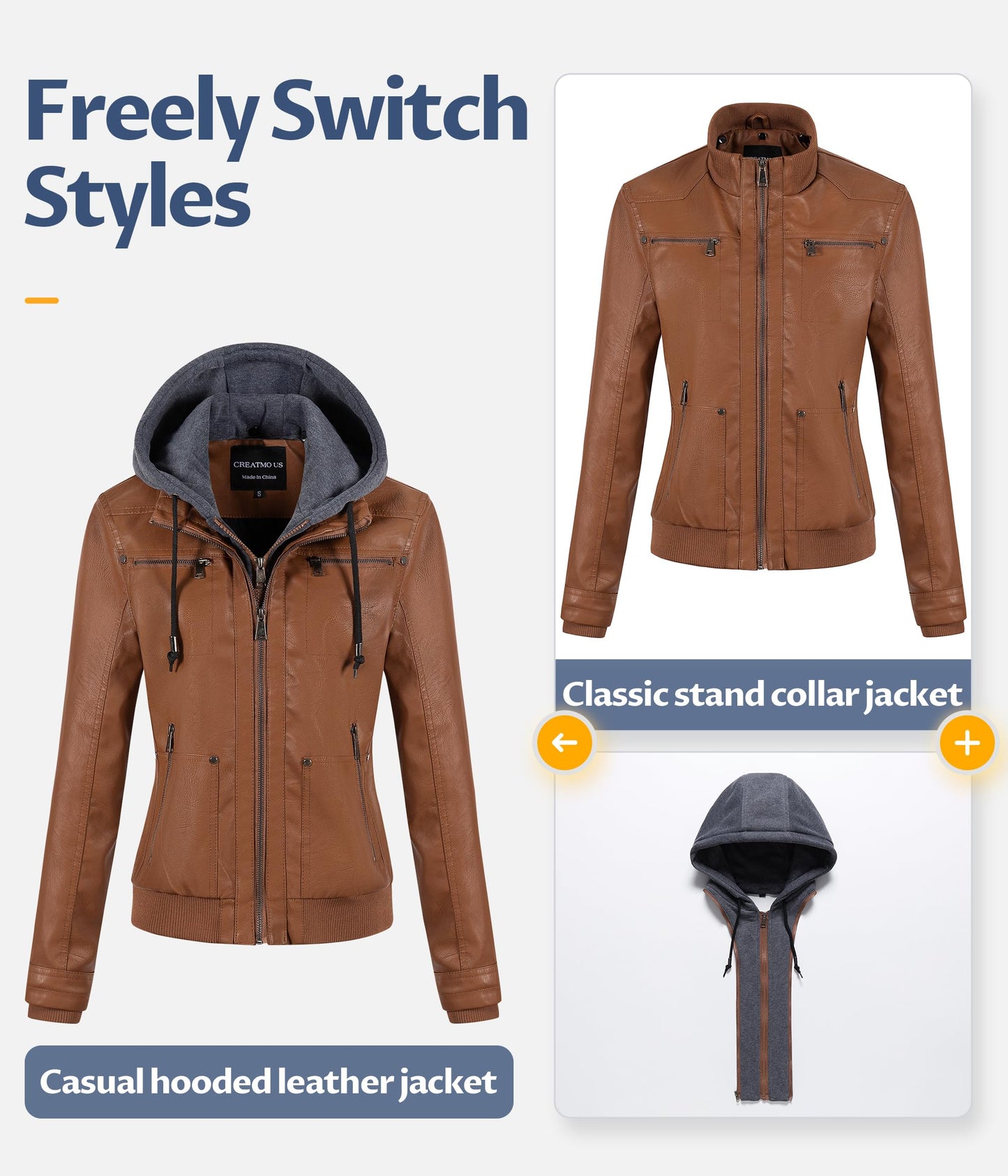 CREATMO US Faux Leather Jacket Women Womens Bomber Jackets Fashion Zip Up Lightweight Moto Biker Coat With Hood Brown 4XL