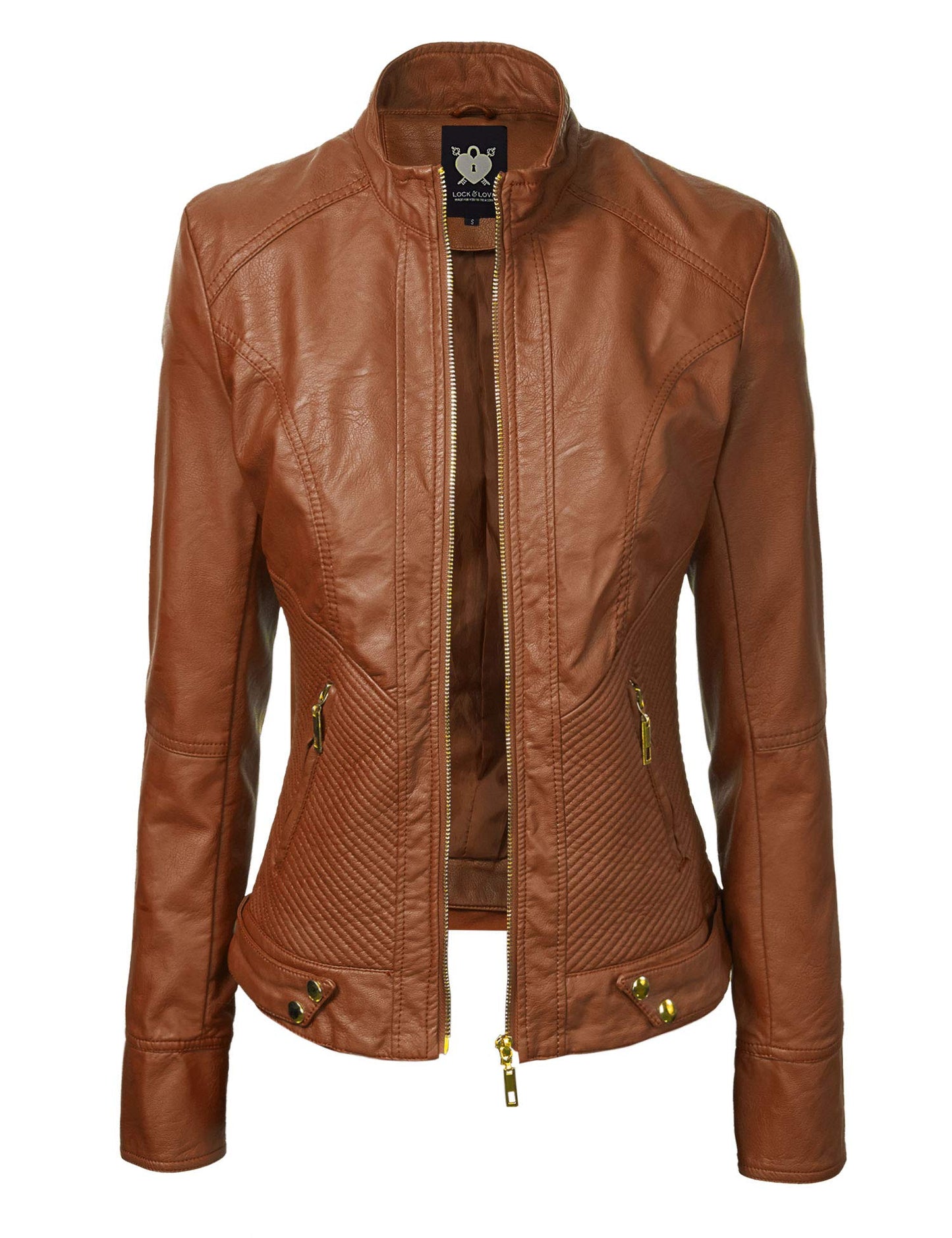 LL WJC747 Womens Dressy Vegan Leather Biker Jacket M CAMEL