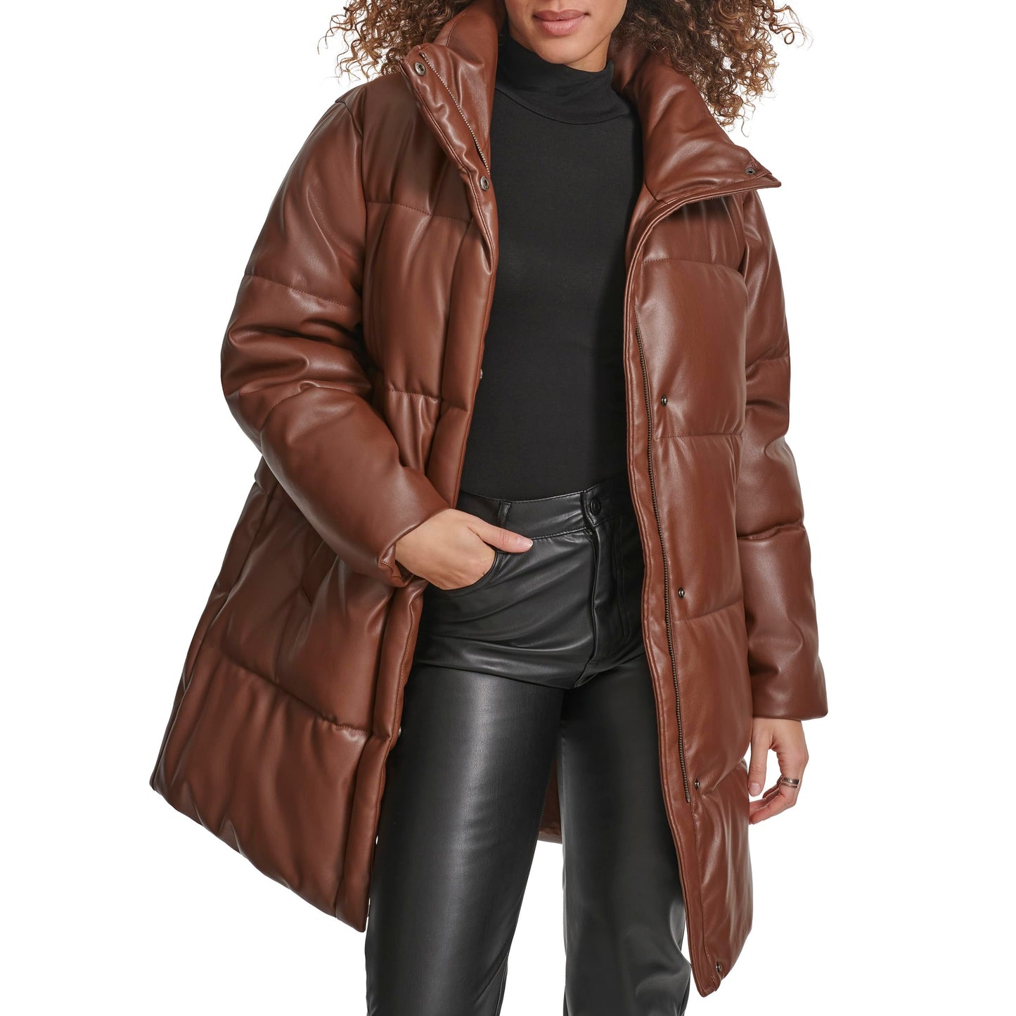 Levi's Women's Faux Leather Mid-length Puffer Coat, Dark Brown, Medium