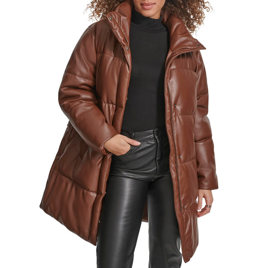 Levi's Women's Faux Leather Mid-length Puffer Coat, Dark Brown, Medium