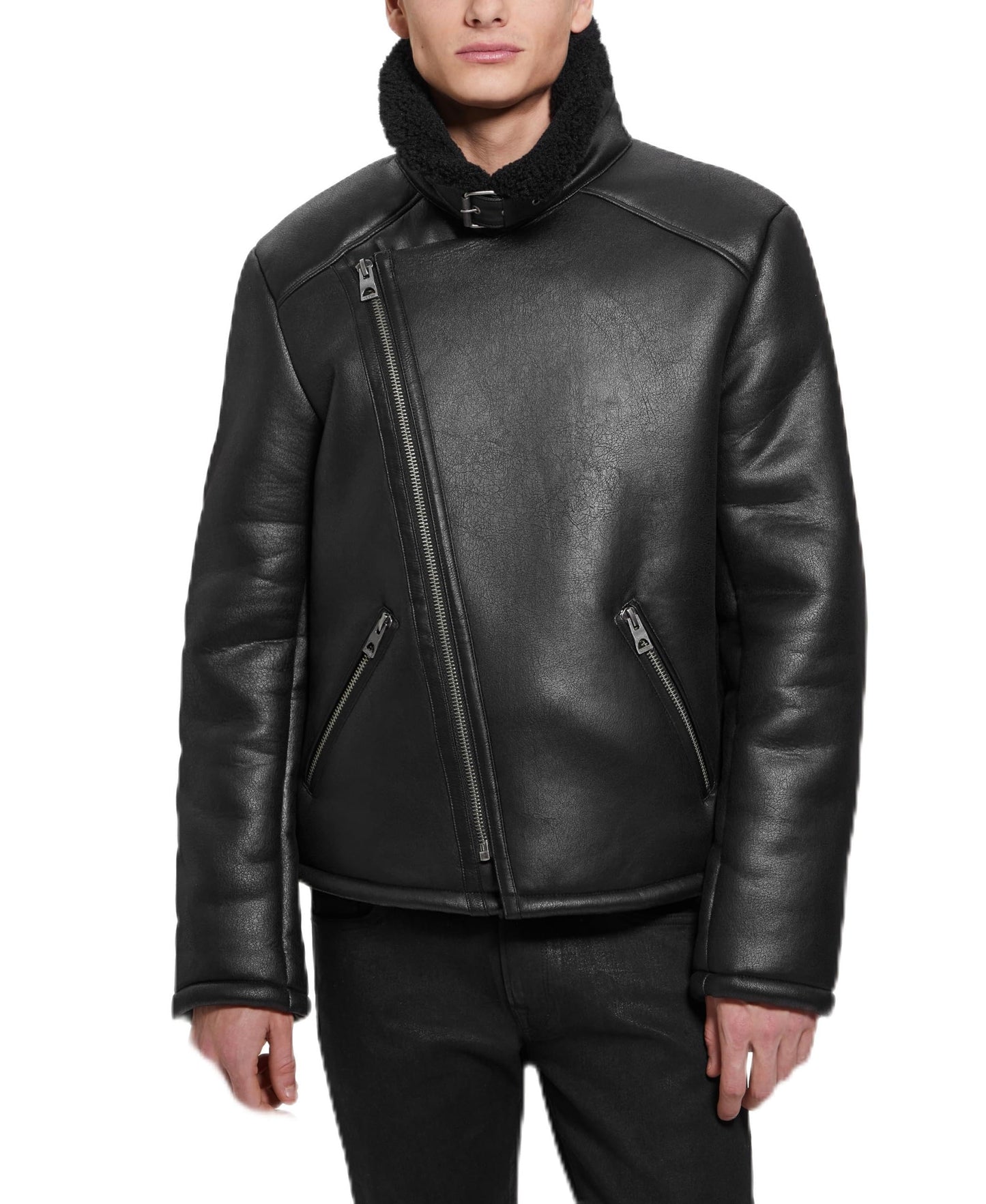Guess Mens Toni Df Jacket Faux Shearling, Jet Black, Small