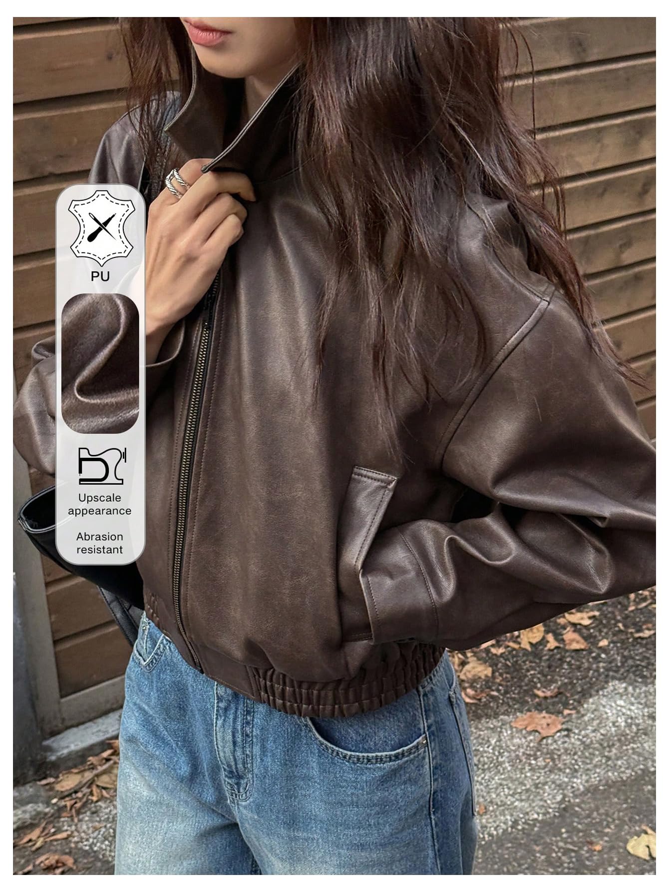 BEAUDRM Women's Y2K Faux Leather Jacket Zip Up Crop Bomber Jacket Going Out Motor Bike Motorcycle Coat Streetwear with Pocket Brown Large