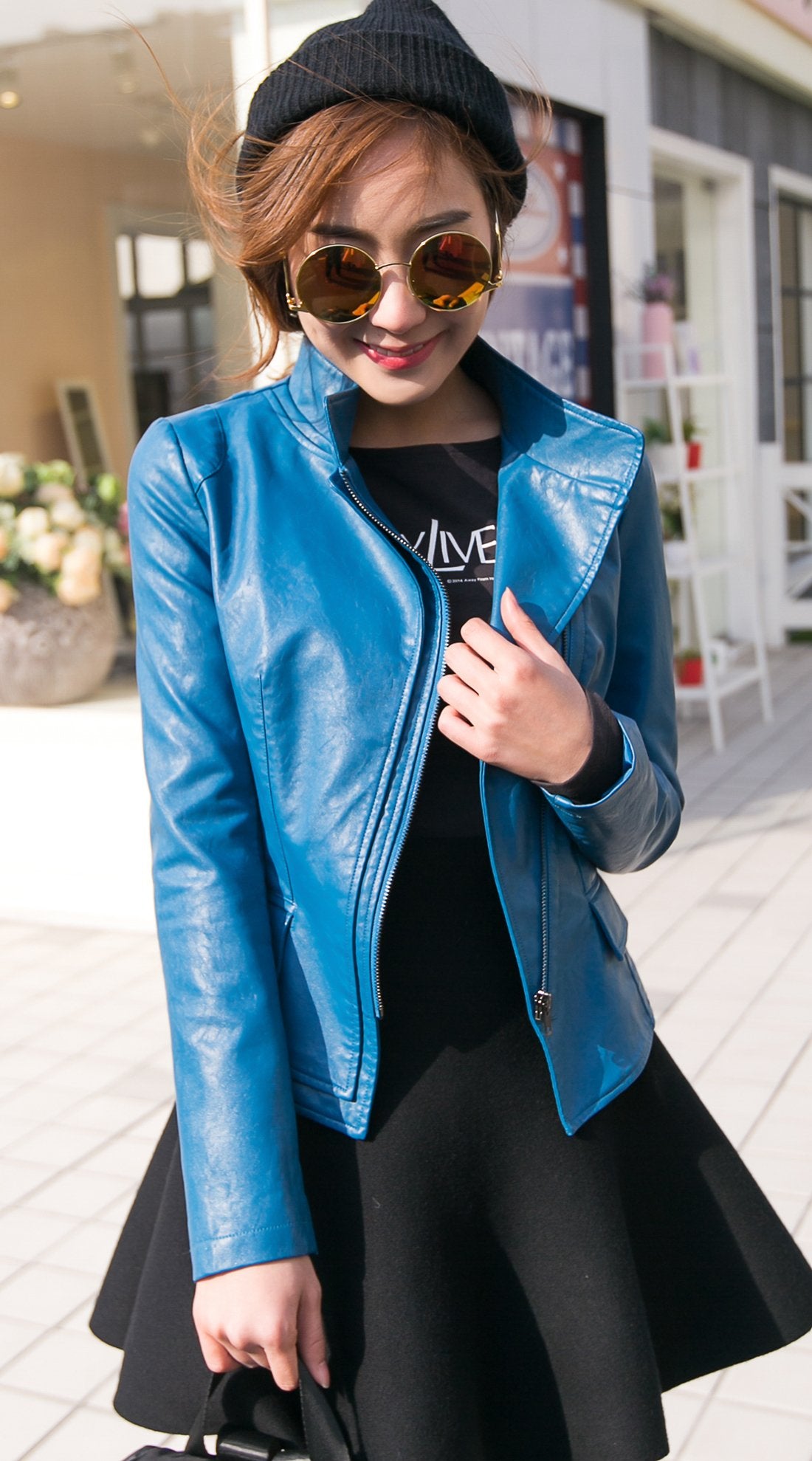 chouyatou Women's Stylish Oblique Zip Slim Faux Leather Biker Outerwear Jacket (Small, Blue)