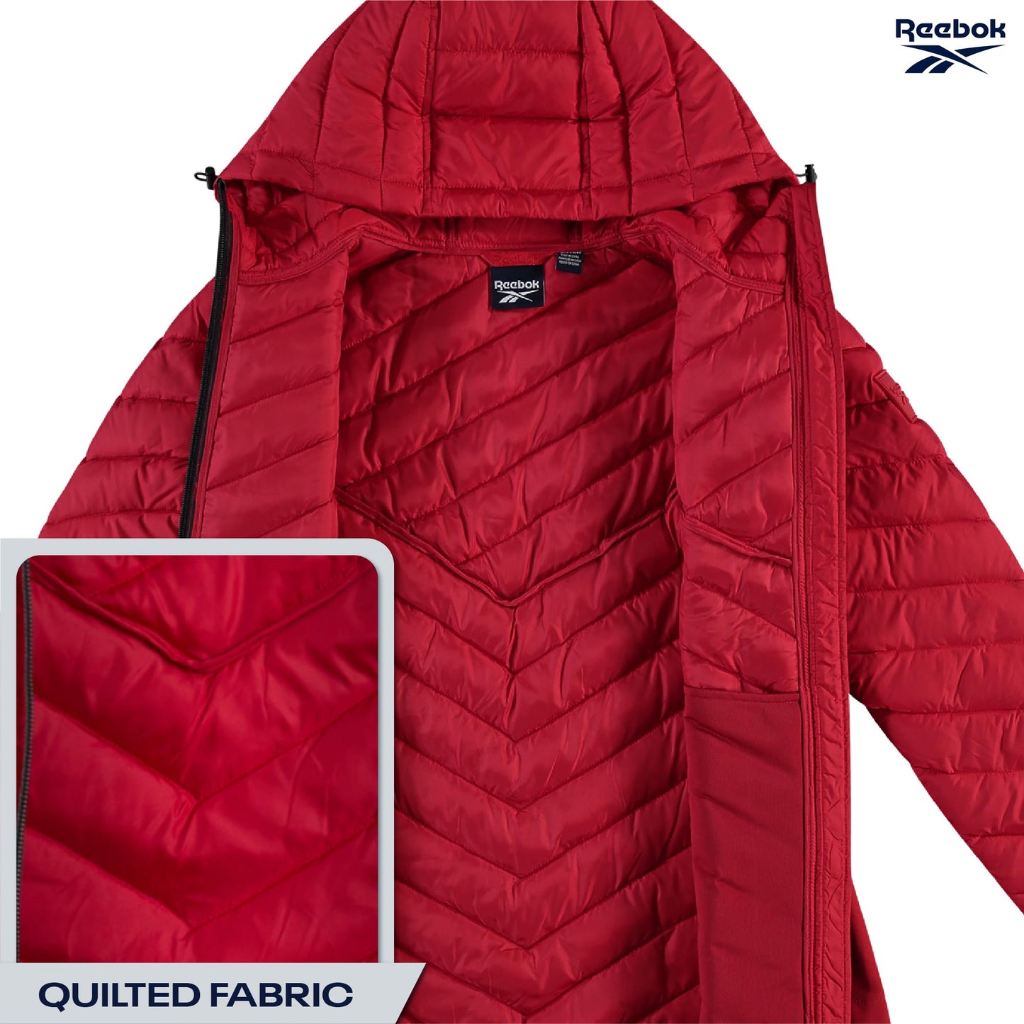 Reebok Womens Puffer Jacket - Midweight Quilted Snow Glacier Shield Full Zip Winter Coat for Women with Hood & Zip Pockets, Size Small, Vector Red Glow