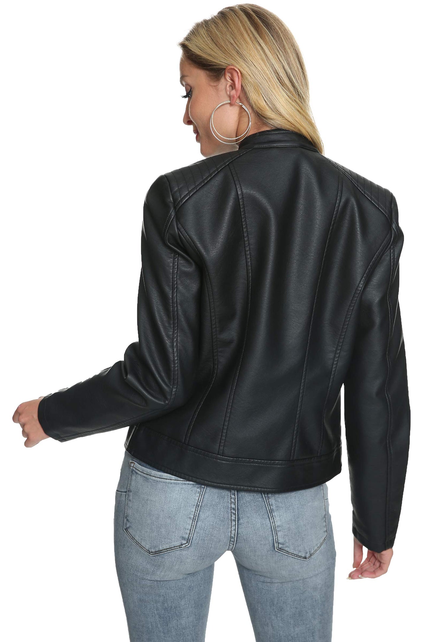 Fahsyee Women's Faux Leather Jackets,Black Crop Petite Zip Up Motorcycle Short PU Moto Biker Outwear Stand Collar Fitted Slim Coat, Size XL
