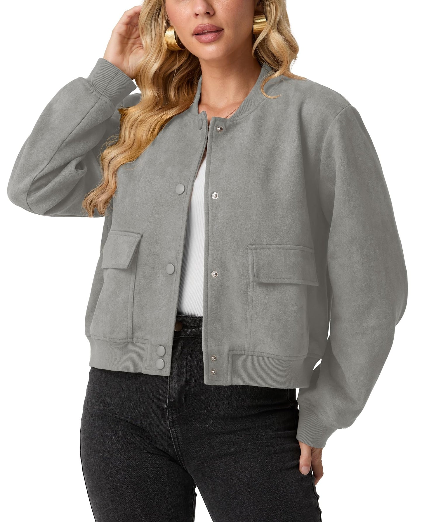 GRECERELLE Womens Bomber Jacket Cropped Button Down Varsity Jacket Long Sleeve Casual Outwear With Pockets (Grey, Medium)