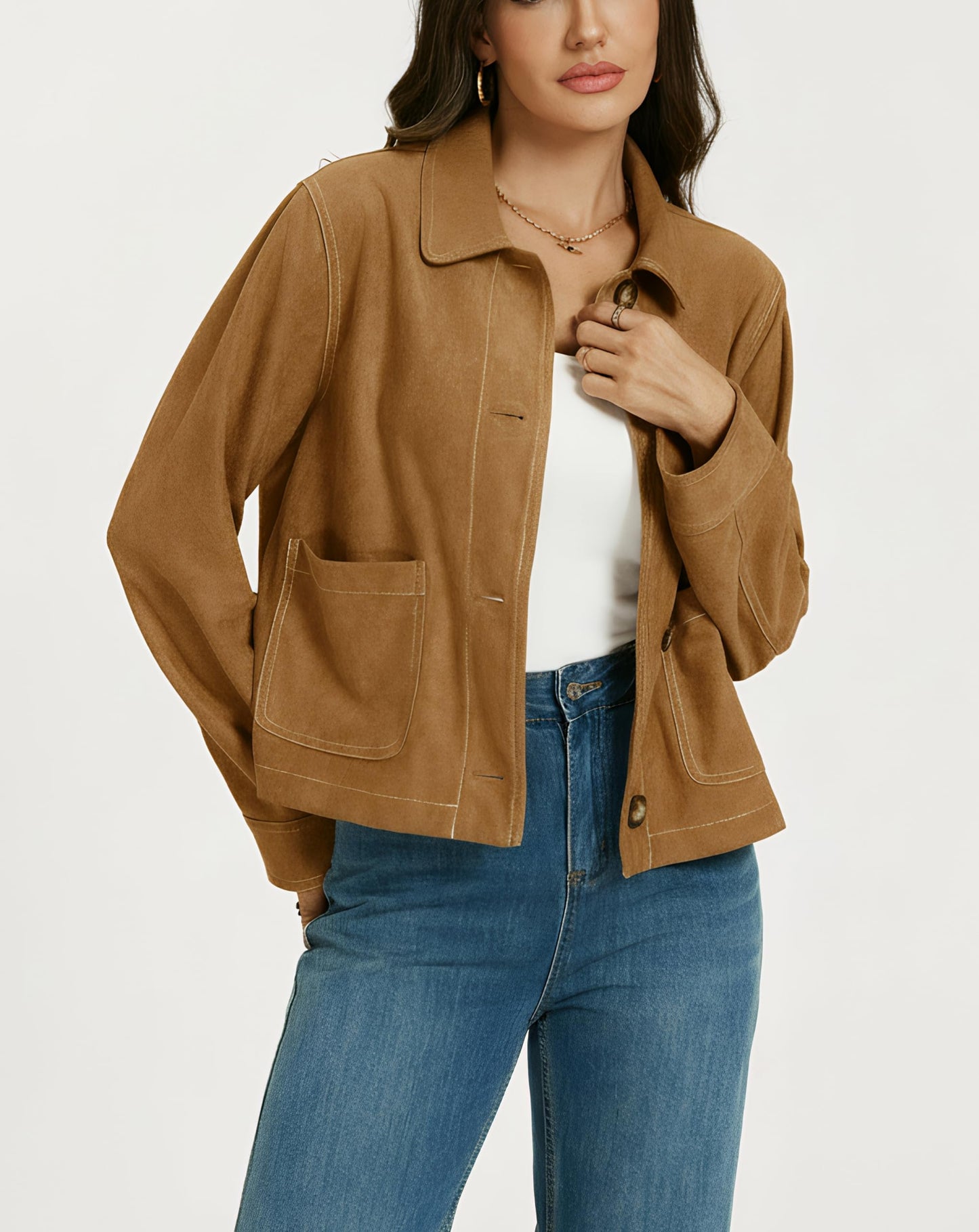 Ladyful Womens Faux Suede Bomber Jacket Cropped Dressy Fall Casual Button Down Leather Coat Outerwear