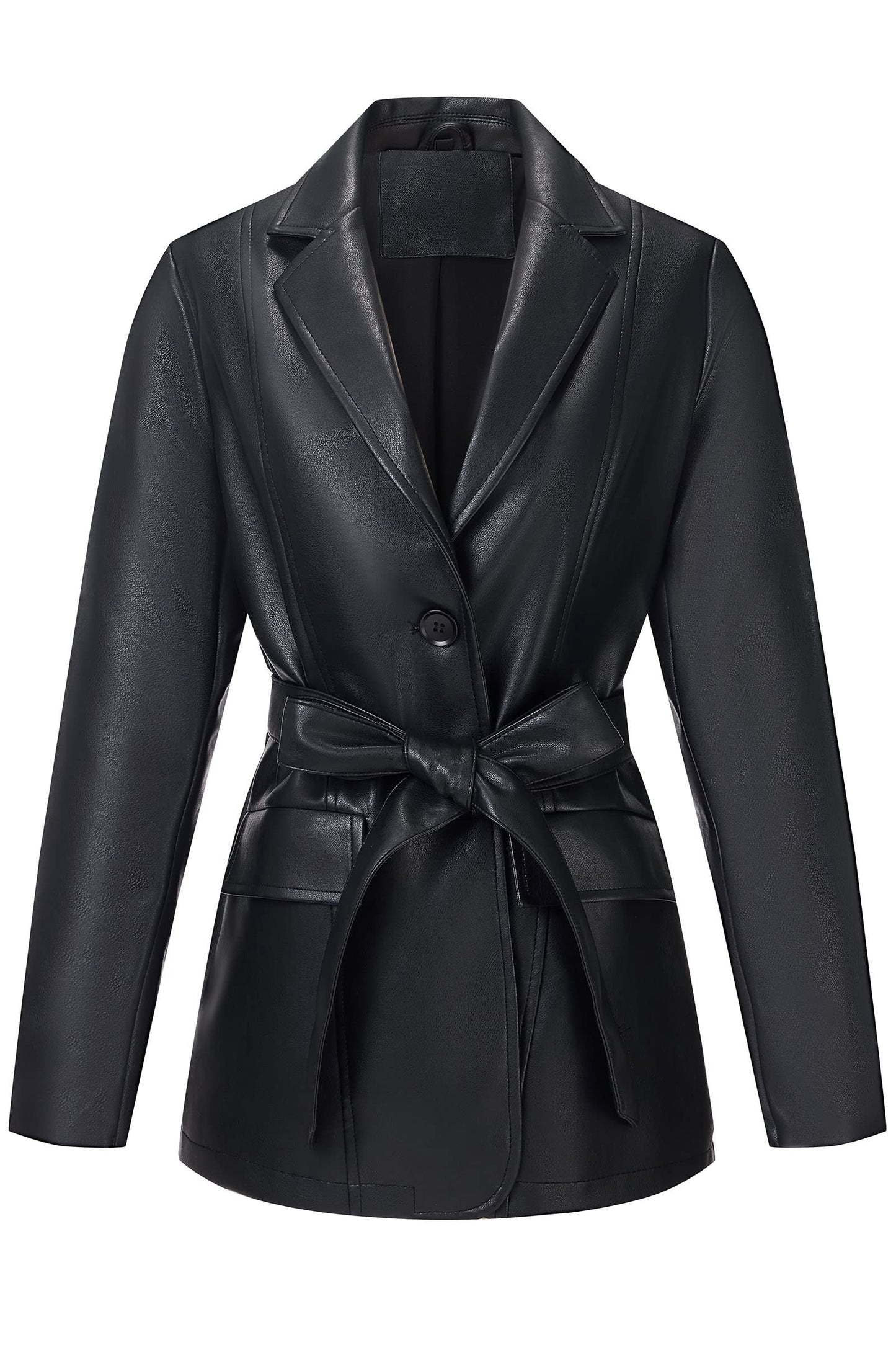 RISISSIDA Women Faux Leather Blazer Jacket with Belt,Soft PU Coat,Black,S