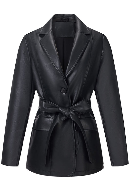 RISISSIDA Women Faux Leather Blazer Jacket Spring Fall Vegan Pleather Soft Casual Lapel Button Down Coat with Belt,Black,XL