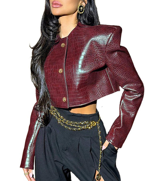 RISCUYY Leather Jacket for Women Burgundy Faux Leather Jacket Red Bomber Cropped Jackets Going out Coat