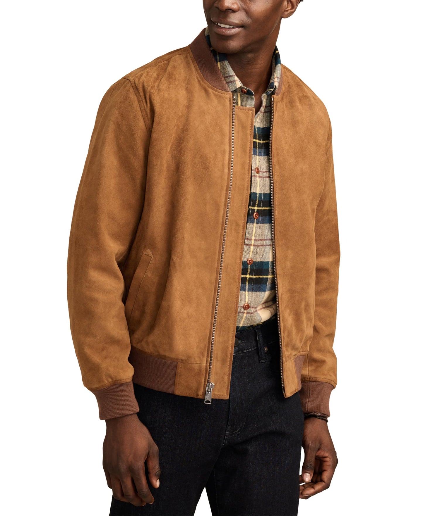 Lucky Brand Men's Suede Leather Bomber Jacket, Dark Tan, X-Large