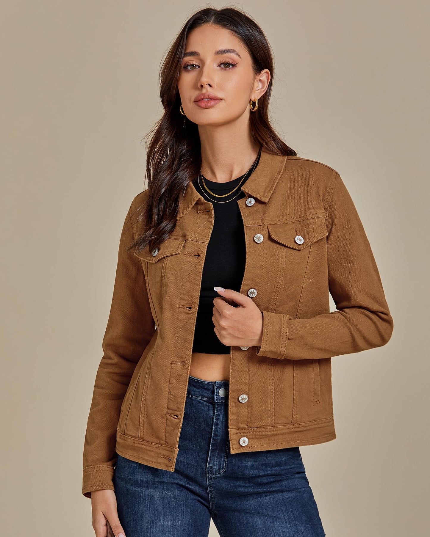 luvamia Women's Classic Casual Long Sleeves Jacket Basic Button Down Brown Trucker Jacket Coat Size Large
