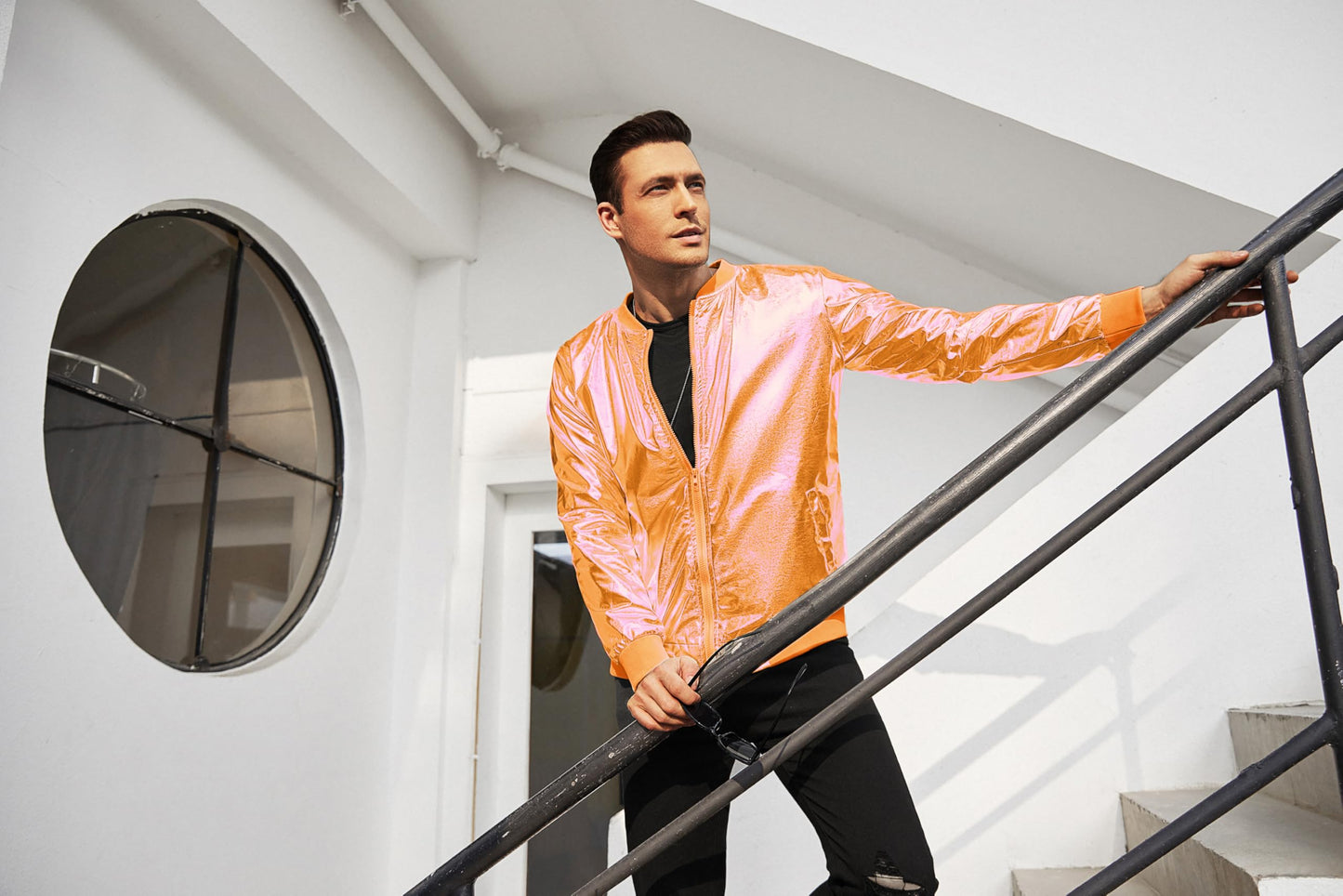COOFANDY Men's Metallic Jacket 70s Disco Dance Party Costume Shiny Varsity Zipper Baseball Bomber Jacket,Orange,L