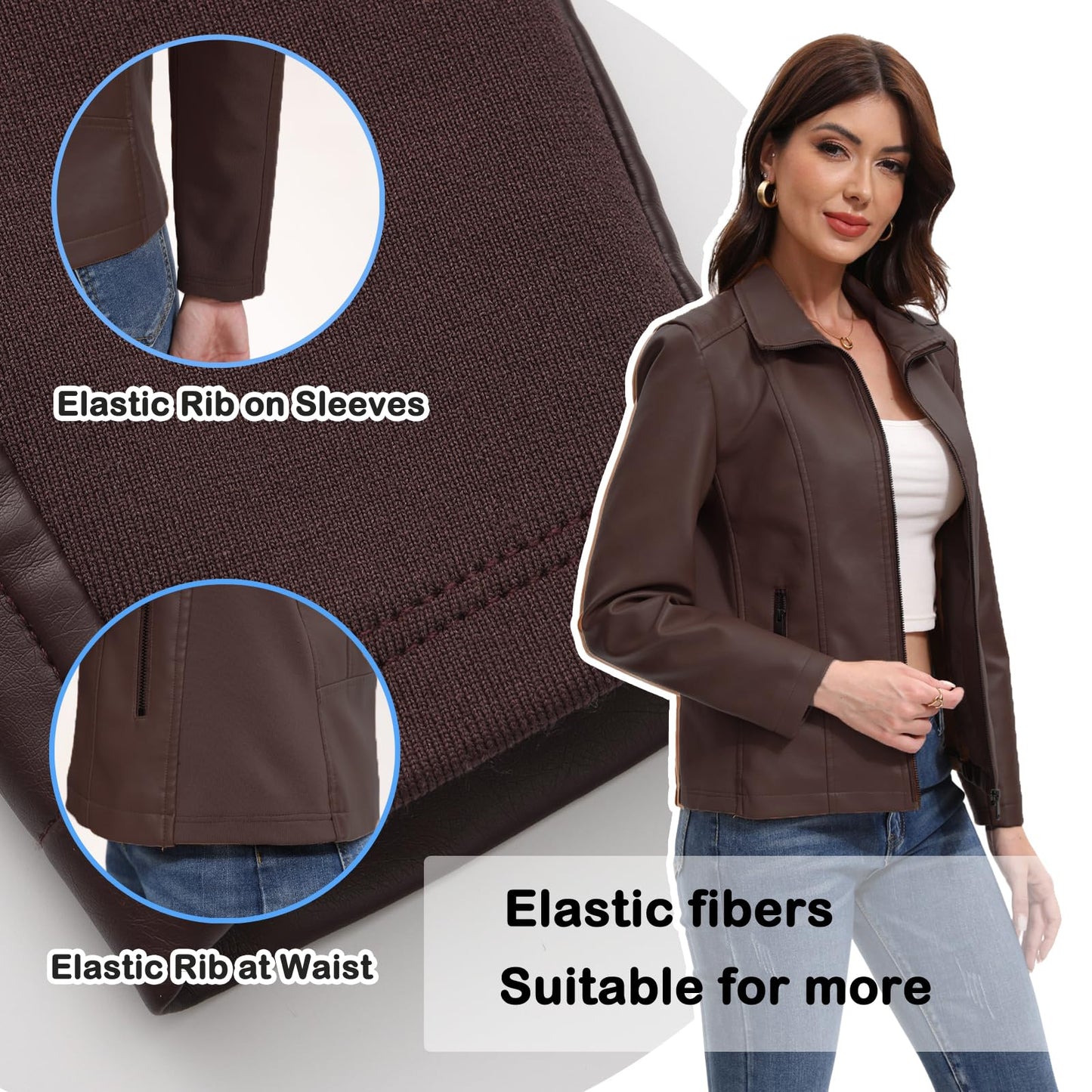 CHIGUO Faux Leather Jacket for Women Motorcycle Fashion Zip Up Coat Trendy Going Out Jackets (Coffee,X-Large)