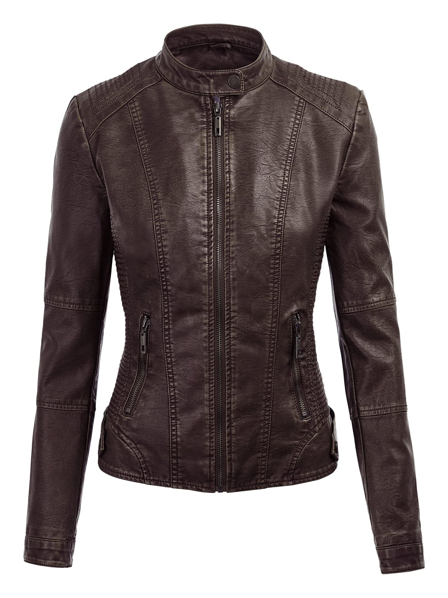Made By Johnny MBJ WJC1044 Womens Faux Leather Quilted Motorcycle Jacket with Hoodie XL COFFEE