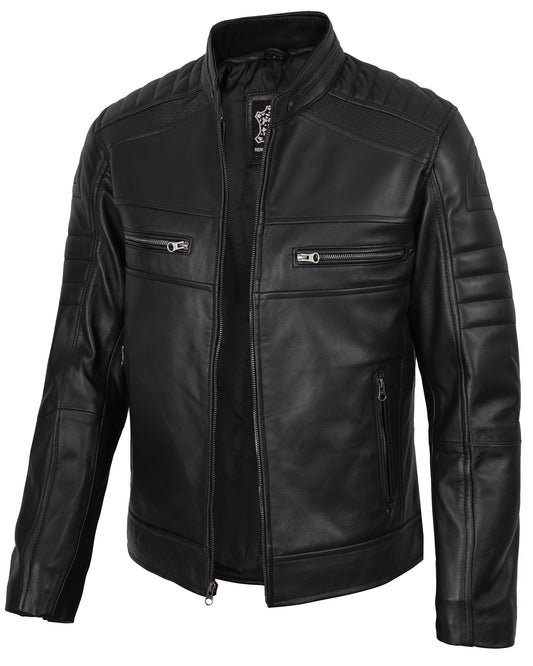 fjackets Cafe Racer Leather Jacket Men - Real Lambskin Natural Grain Austin Black Leather Jacket | [1100072] S