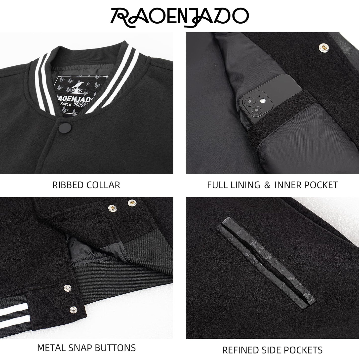 RAOENJADO Men's Varsity Jacket Bomber Letterman Jacket Leather Sleeve Vintage Style Lightweight Outerwear Black XXL