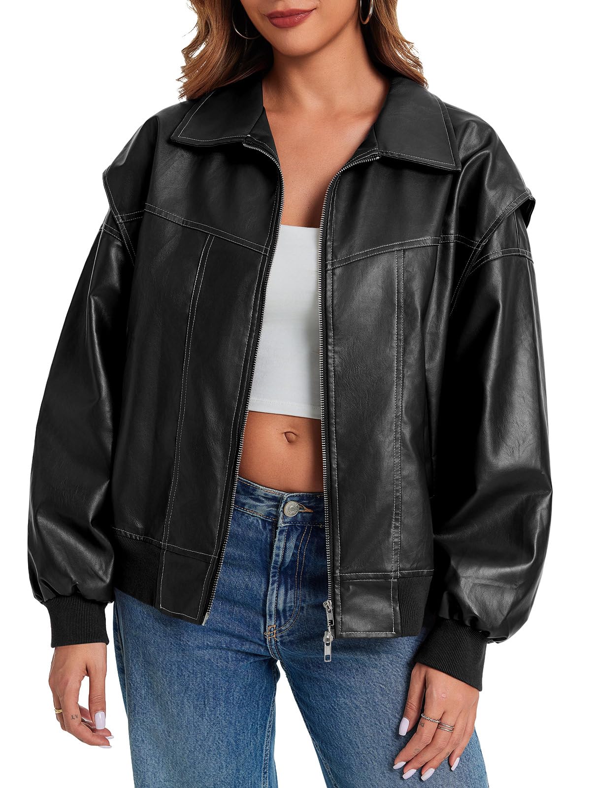Tankaneo Womens Oversized Leather Bomber Jackets Cap Sleeve Zip Up Motorcycle Coats with Pockets