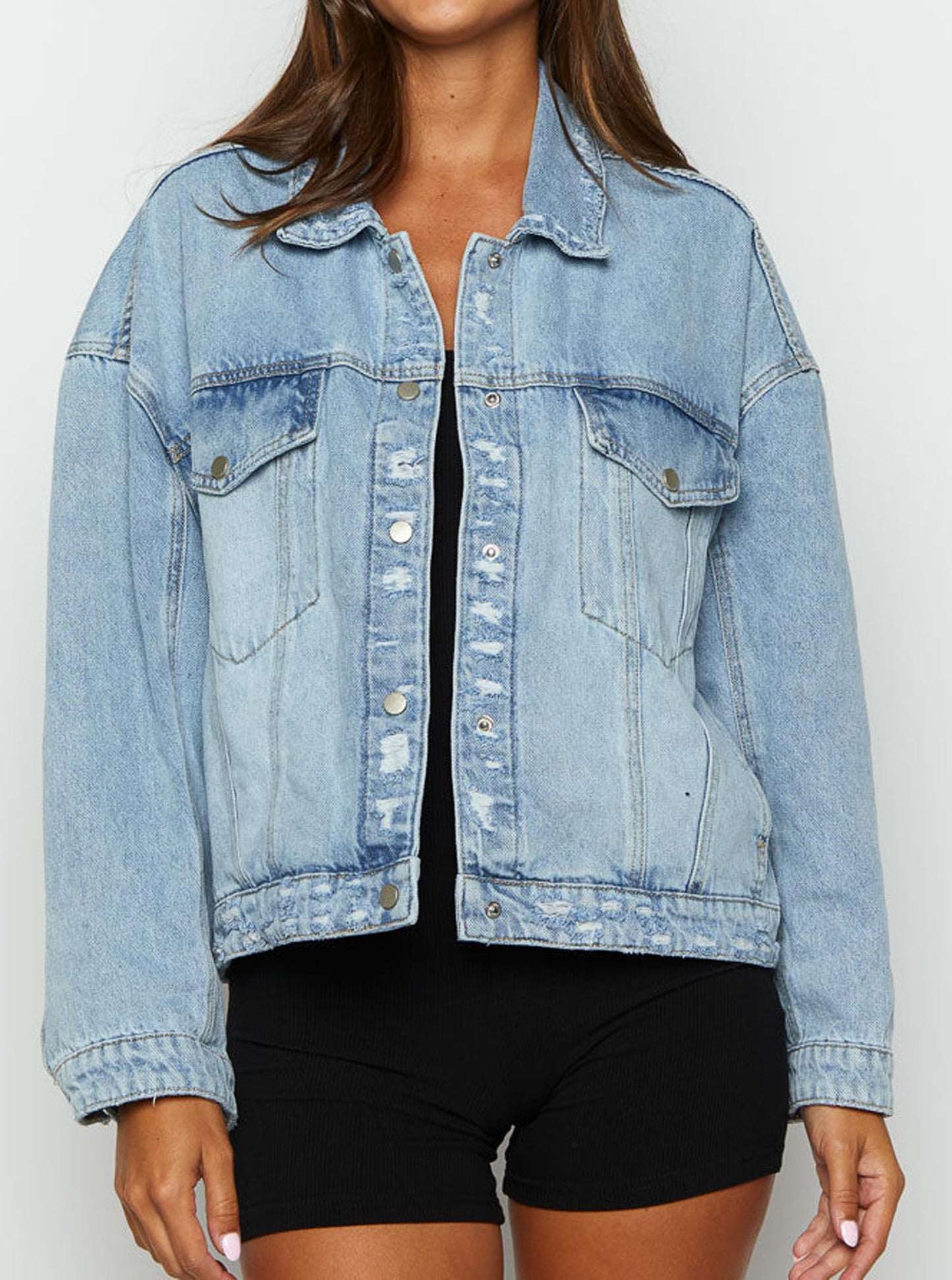 Justalwart Jean Jacket Women Oversized Denim Jacket Distressed Look (US 12-14)