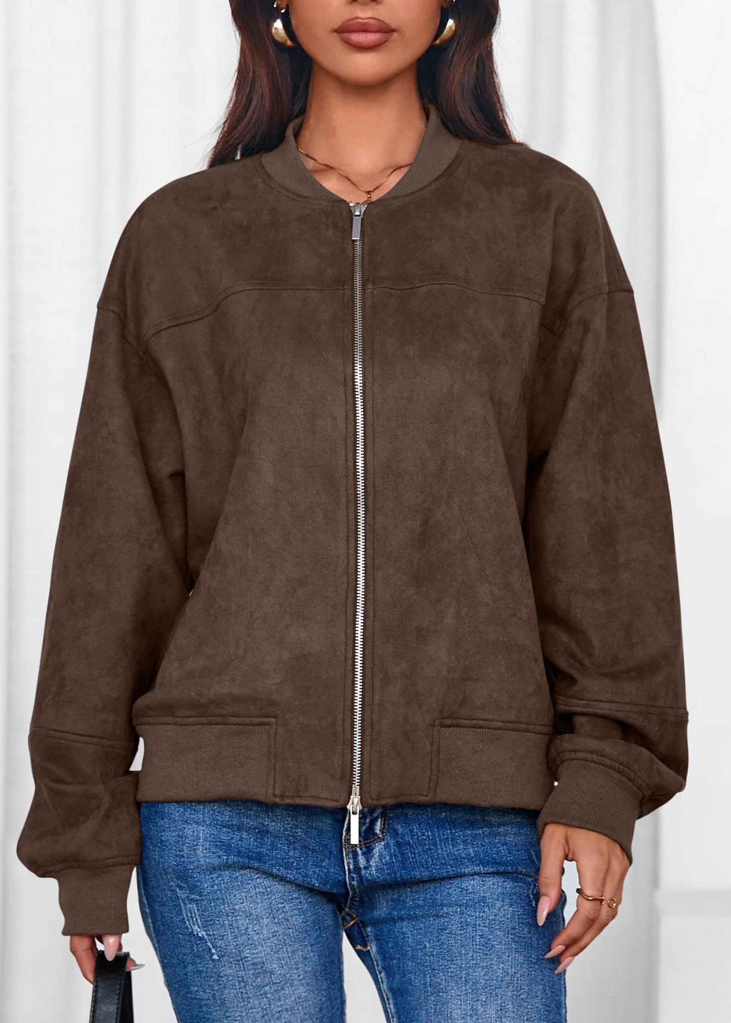 Lazysmile Women's Faux Suede Bomber Jackets Fall Fashion Outfits Winter Clothes Stand Collar Zip Up Coats Outwear with Pockets