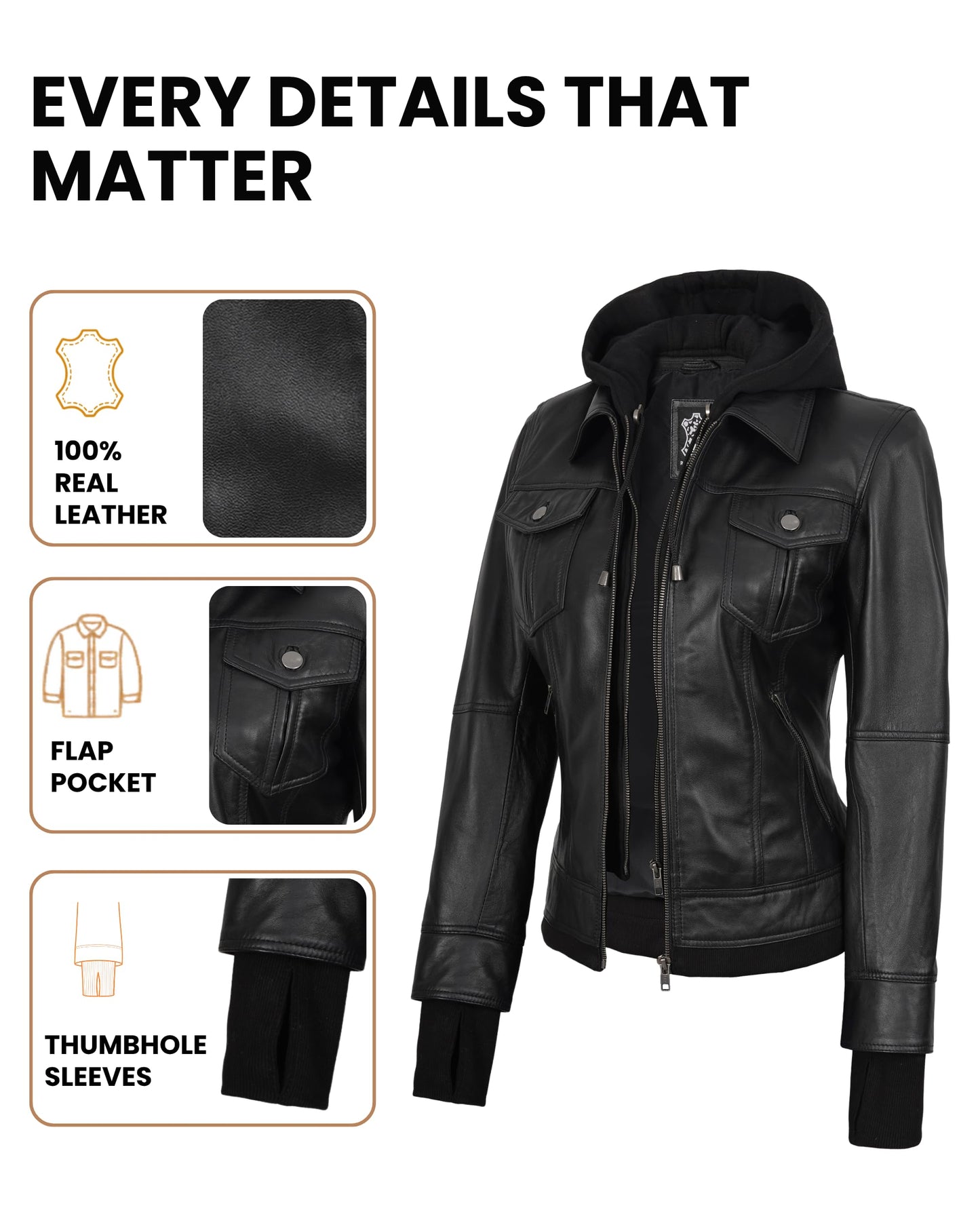 Decrum Leather Motorcycle Jacket Women - Women's Leather Jacket | [1309194] Betty Black, L