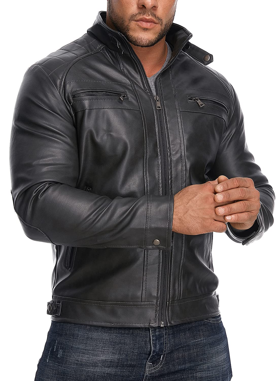 HOOD CREW Men’s Stand Collar Leather Jacket Casual Faux Leather Motorcycle Jacket Outerwear Coat with Zipper Pockets Black XL