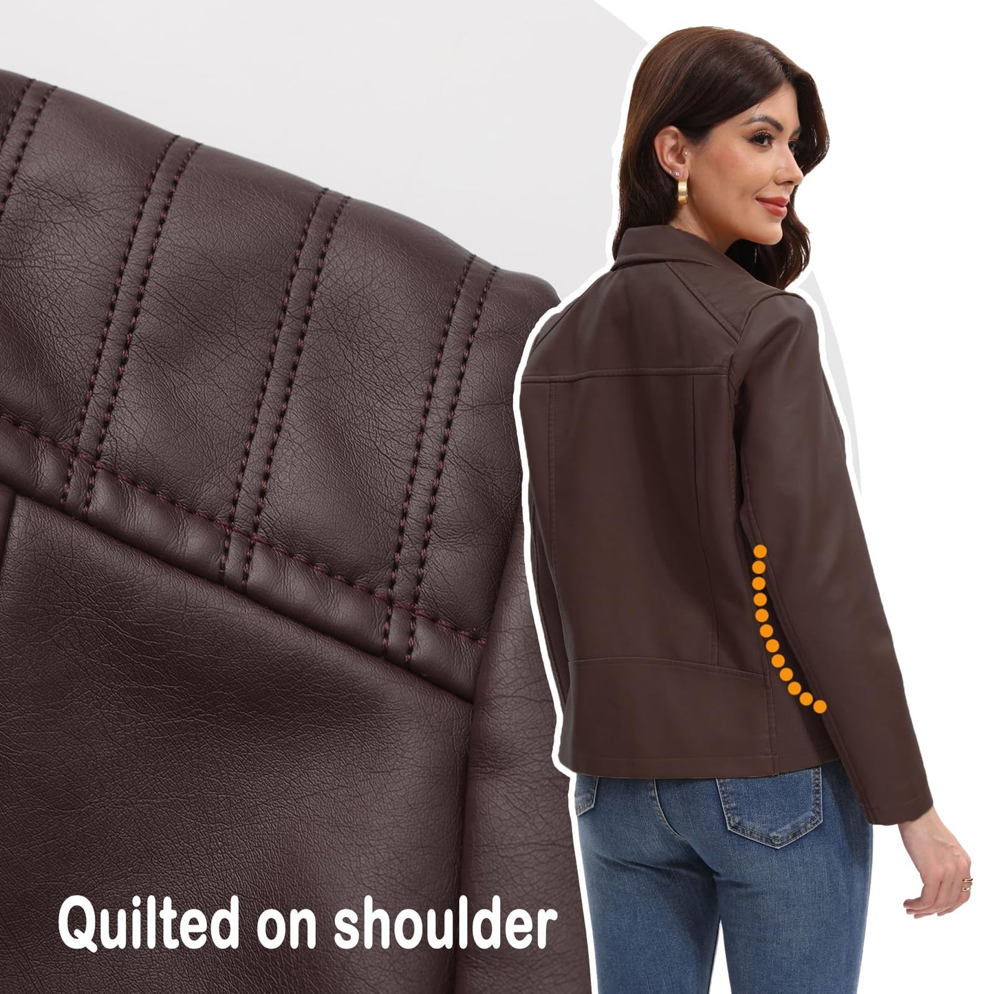 CHIGUO Faux Leather Jacket for Women Motorcycle Fashion Zip Up Coat Trendy Going Out Jackets (Coffee,X-Large)