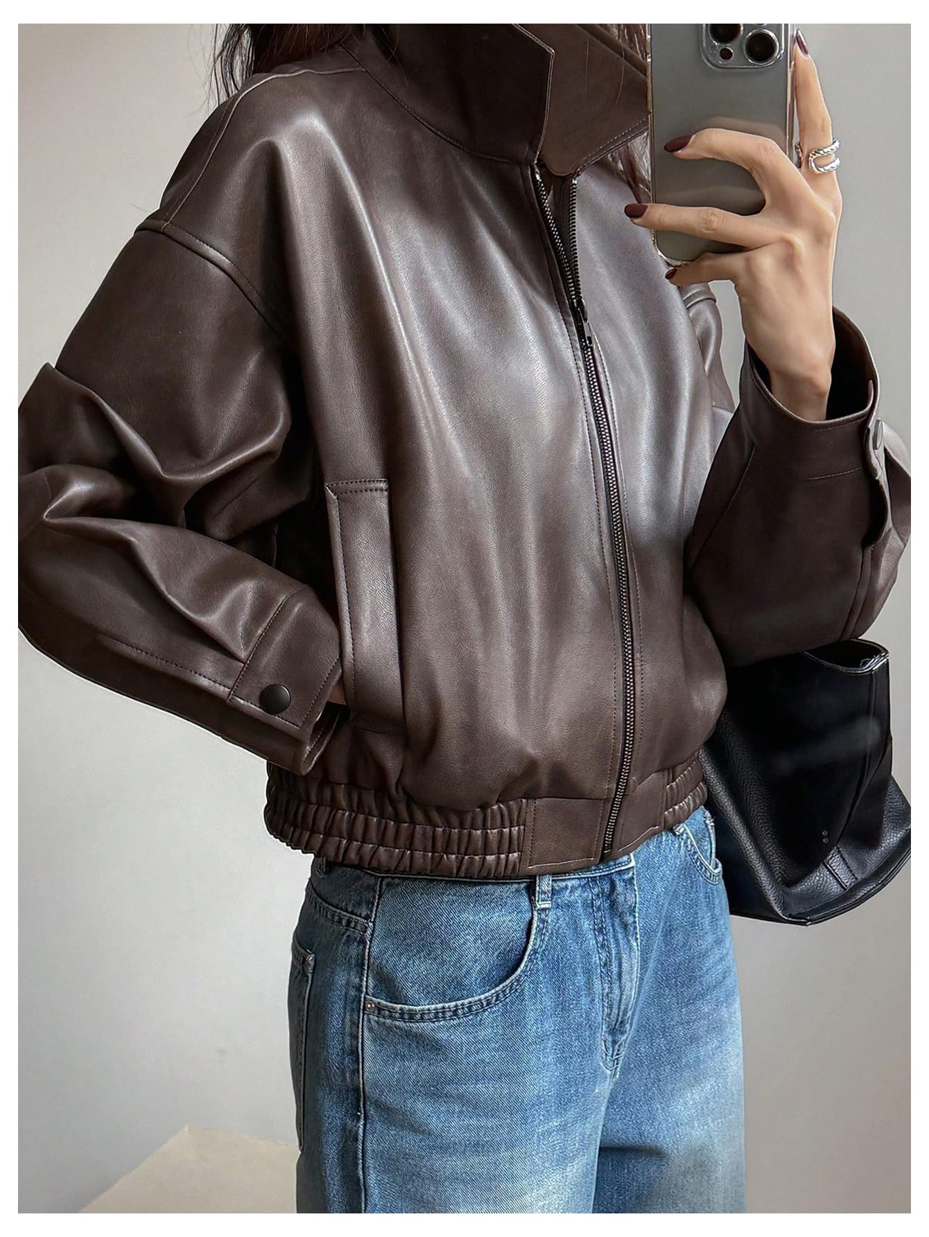 BEAUDRM Women's Y2K Faux Leather Jacket Zip Up Crop Bomber Jacket Going Out Motor Bike Motorcycle Coat Streetwear with Pocket Brown Small