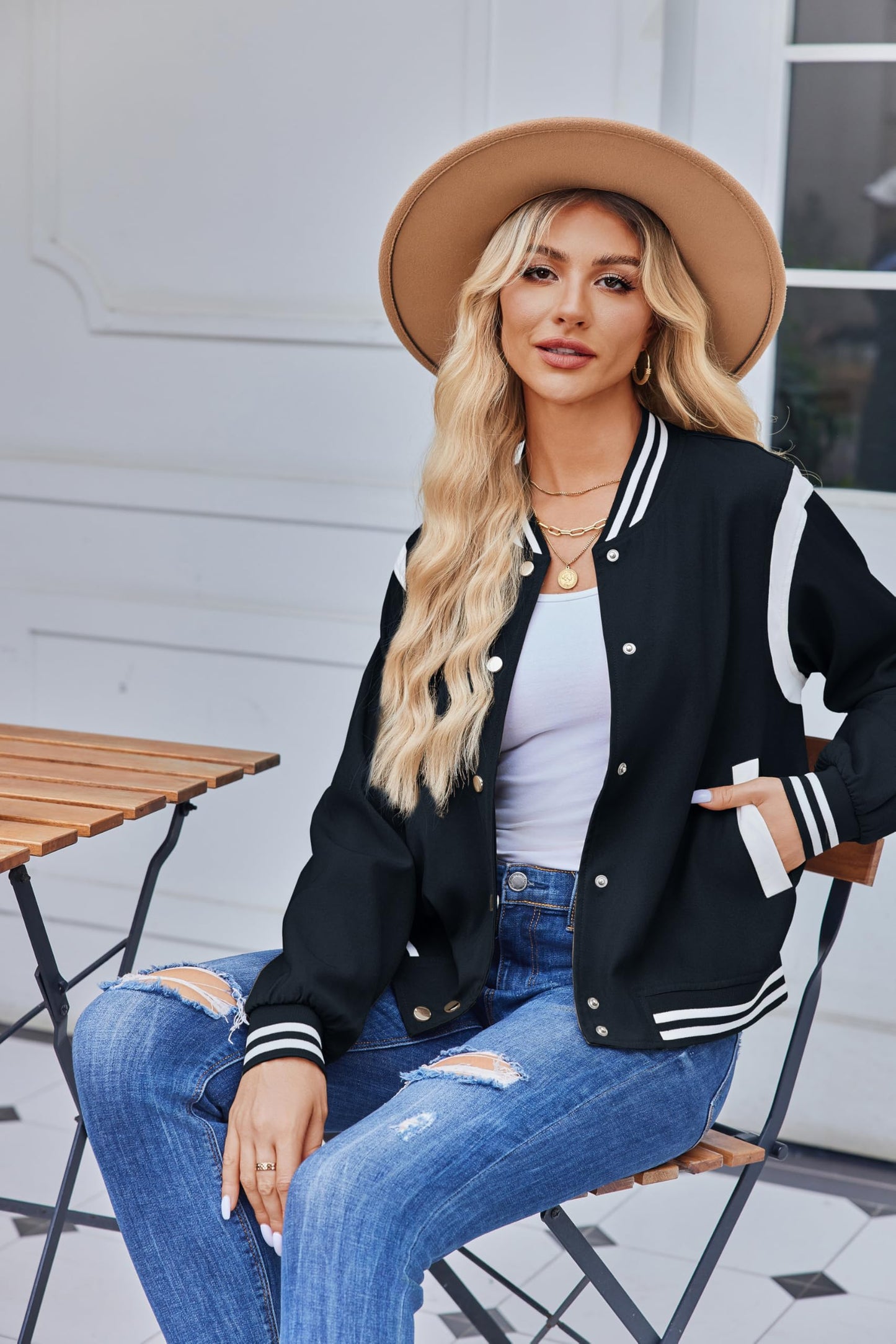 Zeagoo Varsity Jackets Women's Fashion Fall Stripe Casual Work Office School Outfits Lightweight Pocketed Bomber Jacket