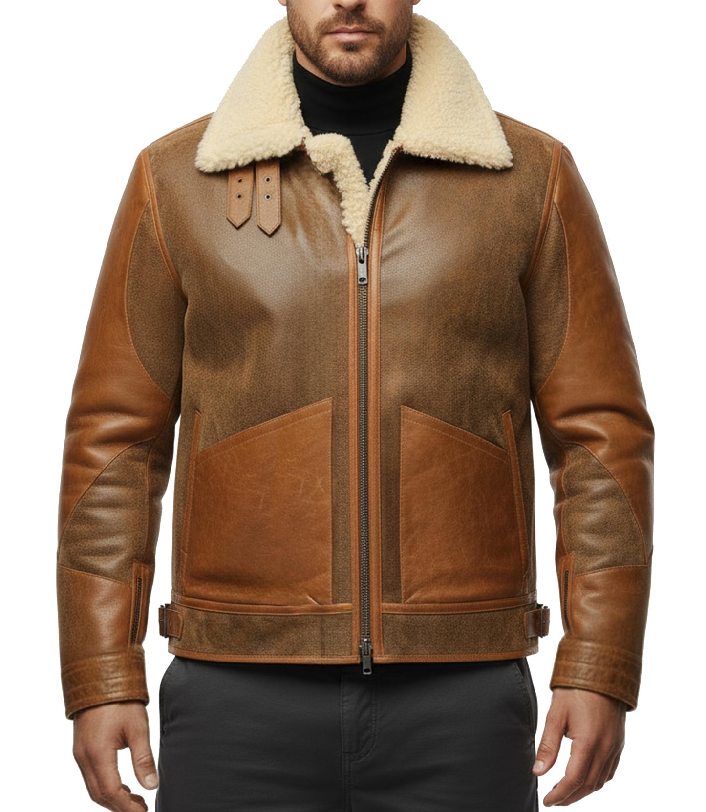 FLAVOR Mens Leather Bomber Jacket Warm Piolt Winter Shearling Jackets Aviator Coat (X-Large, Brown)