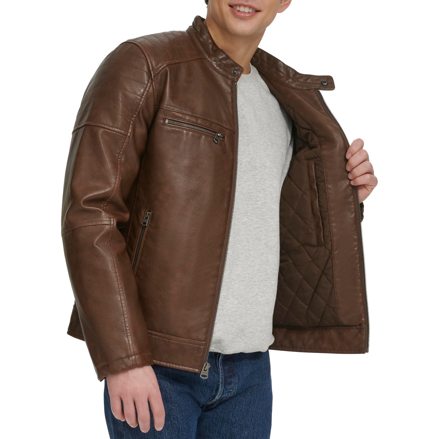 Levi's Men's Faux Leather Hooded Racer Jacket, Saddle Quilt Lined, Large